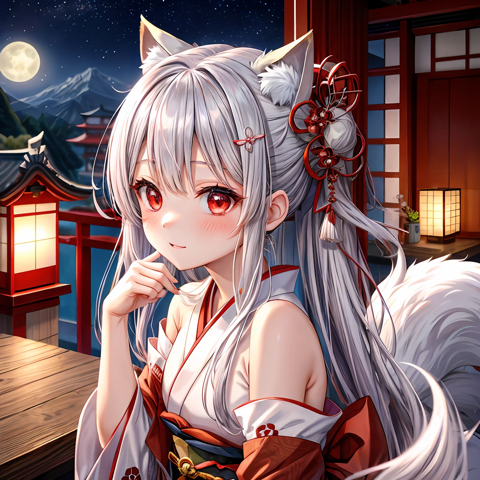 silber hair、Hair is up、red eyes、One girl、kawaii、animesque、Kimono、red blush、traditional Japanese room、a moon、5 fox tails