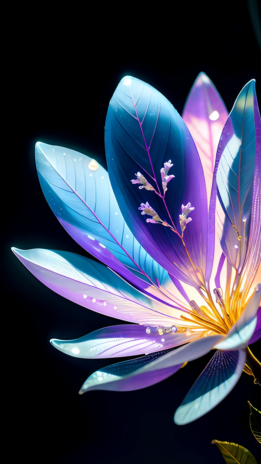 branch of delicate lilac flowers, super transparent, holy light, beautiful spectral light, petals glow, flashing, dark background, drops of transparent light, reflective light, bright, light streaming in, optics, portrait profile, sharp focus, magical, intricate, ultra realistic, fantasy, composition, light, trend on artstation, pearl, patronus cloud of silvery vapor, corrosive enveloping ray family, 8k, ureal ar 23v4 uplight