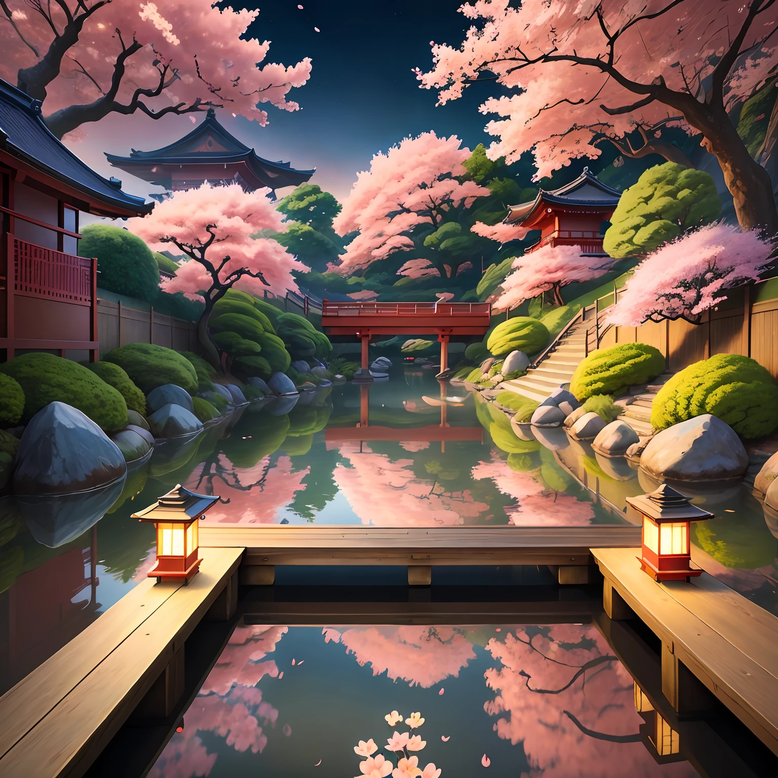 (digital painting),(best quality), serene Japanese garden, cherry blossoms in full bloom, koi pond, footbridge, pagoda, Ukiyo-e art style, Hokusai inspiration, Deviant Art popular, 8k ultra-realistic, pastel color scheme, soft lighting, golden hour, tranquil atmosphere, landscape orientation