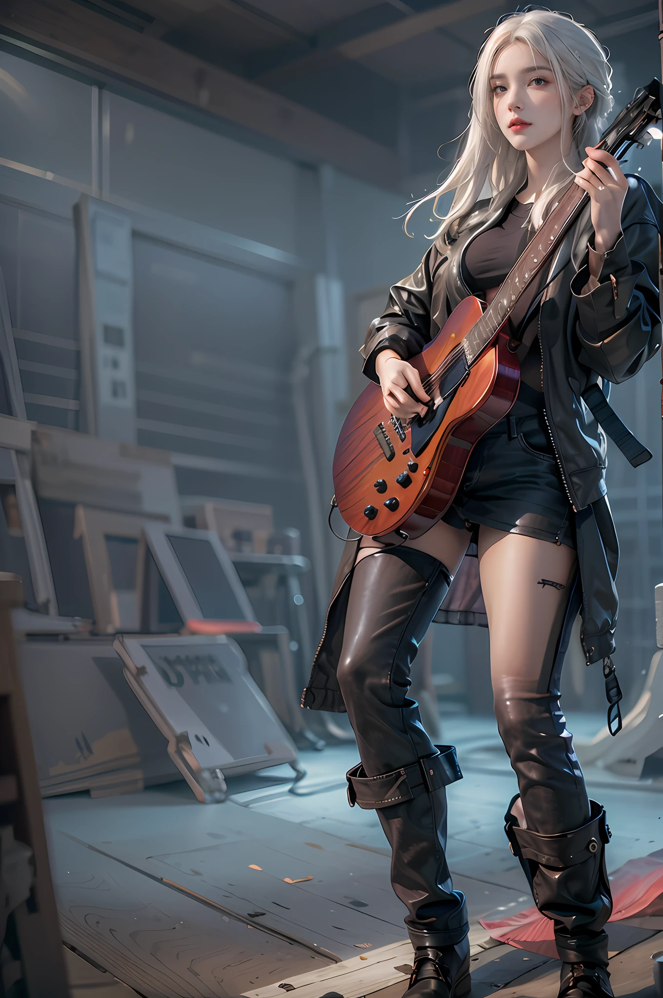 photorealistic, high resolution, 1 women, solo, hips up, look at viewer, (detailed face), white hair, long hair, medium breasts, wanderer clothes, jacket, playing guitar