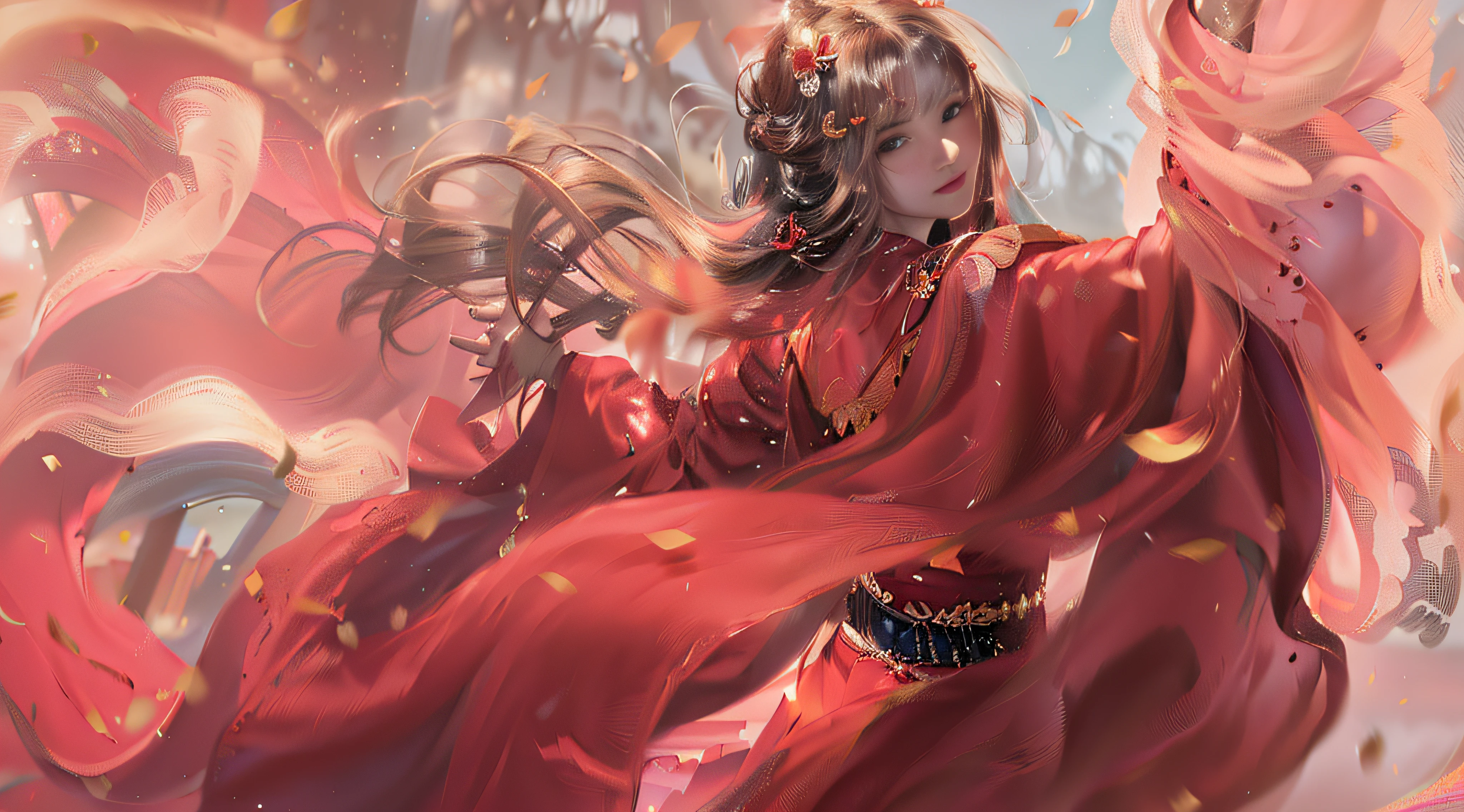 Anime girl wearing red dress,Flowing hair and red cape, by Yang J, flowing hair and long robes, A beautiful artwork illustration, Palace , A girl in Hanfu, dressed in a beautiful red cloak, Beautiful digital artwork, inspired by Magali Villeneuve, By Li Song, Beautiful anime artwork, Anime fantasy illustration, By Leng Mei, author:Shitao