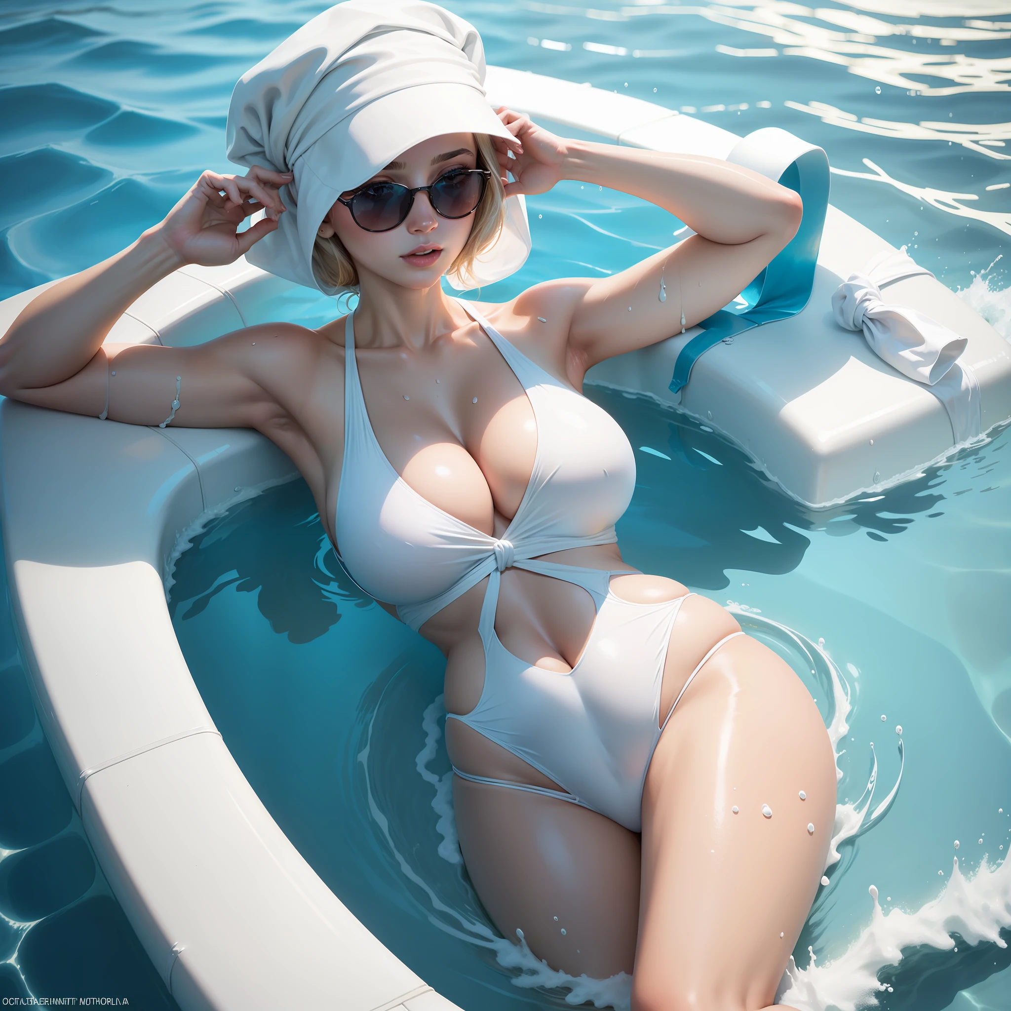 In the pool，Woman in white dress and sunglasses，in a luxurious pool，wearing two - piece swimsuit，With large breasts, the breasts are large,under the water，up to shoulders，Wearing a white swimming cap，Big breasts!, Attractive girl，The water reached her shoulder，um dia ensolarado