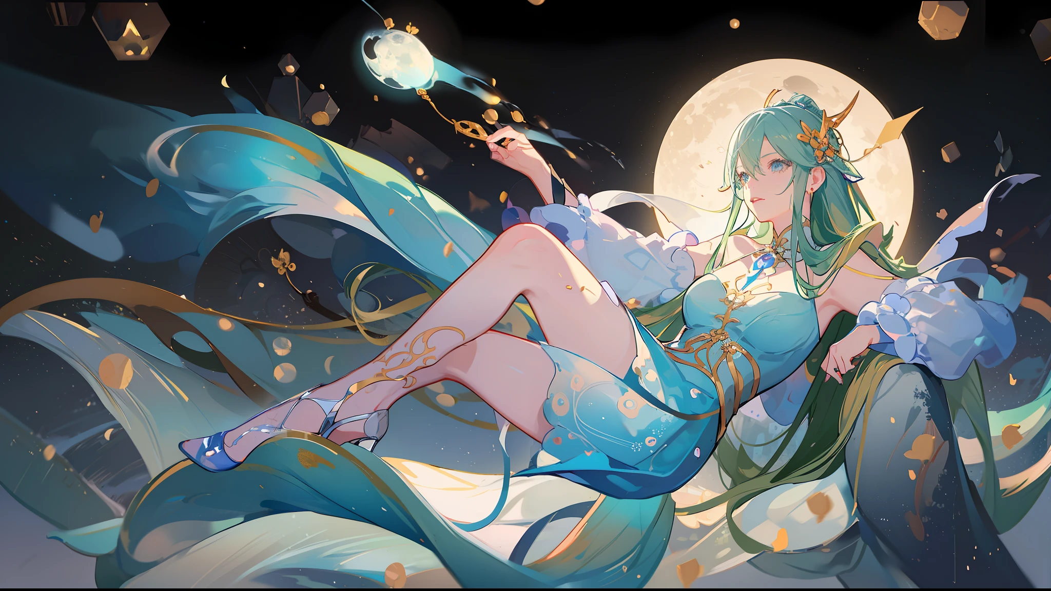 Draw a woman in a blue dress holding a wand, lunar goddess, Artgerm and Ruan Jia, Artgerm Plat, Ruan Jia and Artgerm, artgerm julie bell beeple, Goddess of the moon, Beautiful celestial mage, Inspired by Lan Ying, artgerm detailed, queen of the sea mu yanling, lunar goddess