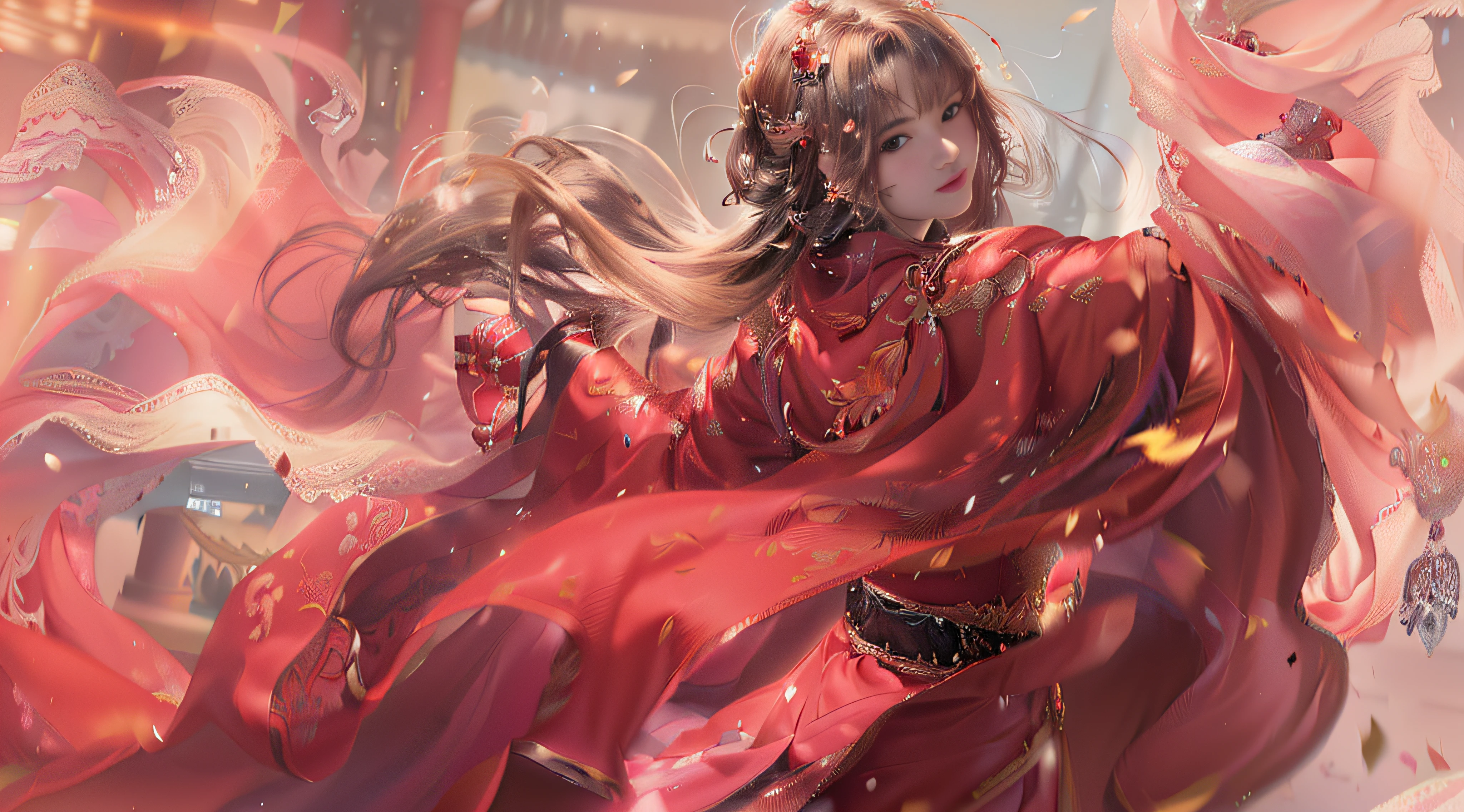 Anime girl wearing red dress，Flowing hair and red cape, by Yang J, flowing hair and long robes, A beautiful artwork illustration, Palace ， A girl in Hanfu, dressed in a beautiful red cloak, Beautiful digital artwork, inspired by Magali Villeneuve, By Li Song, Beautiful anime artwork, Anime fantasy illustration, By Leng Mei, author：Shitao