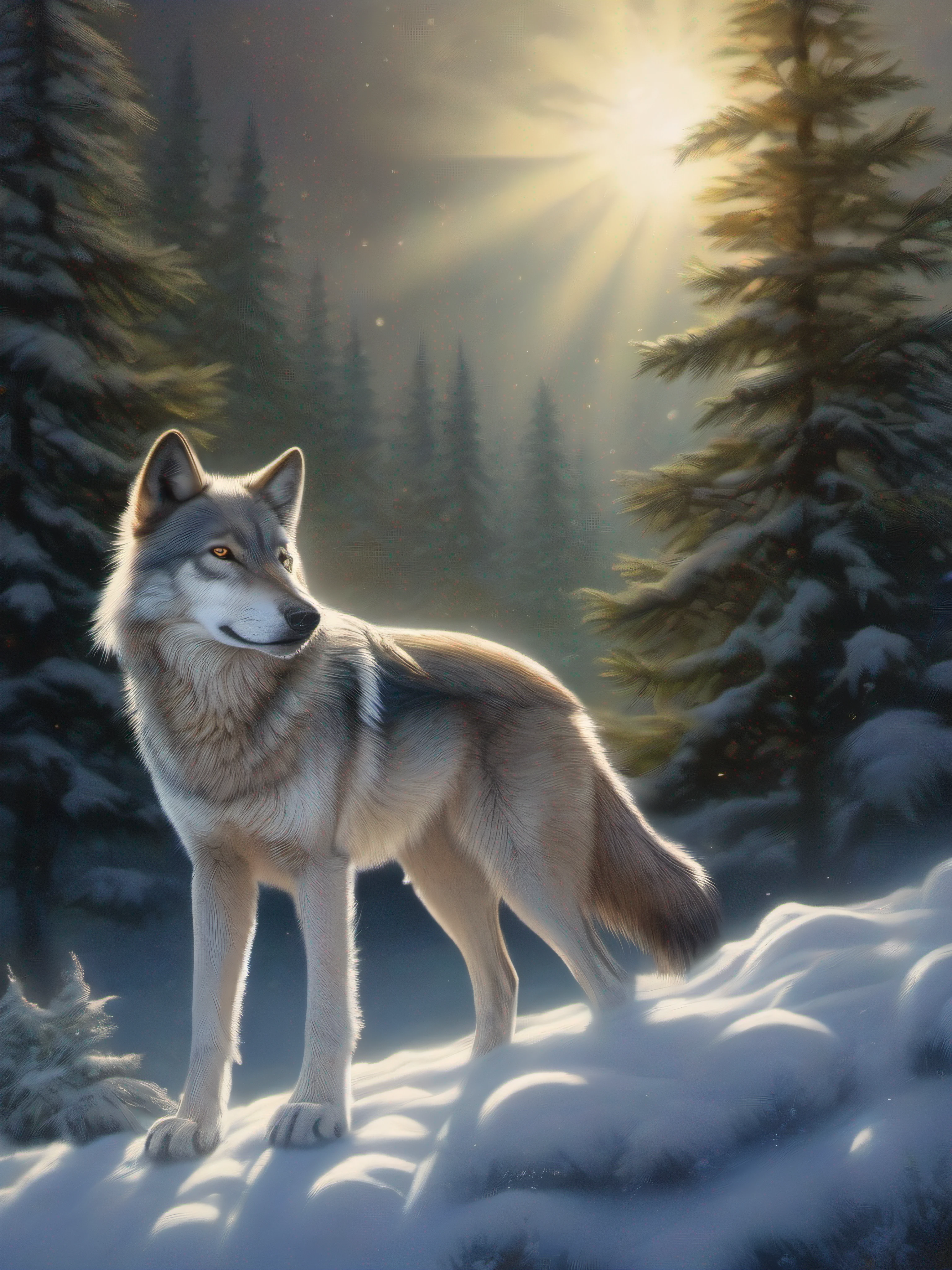 Create a vivid realistic and mesmerizing photo depicting an iridescent wolf amidst a starry night with a full moon. Capture the essence of its fierce nature as its piercing eyes gleam with aggression. The wolf's fur exhibits shades of gray and black, beautifully reflecting the celestial hues. Let the setting be a serene clearing in a dense forest of towering evergreen firs. Let your imagination run wild and bring this captivating scene to life on the canvas, god rays, lens flare, f/2.8, 35mm, Canon, 16k, award winning, best quality, highres, anatomically correct.