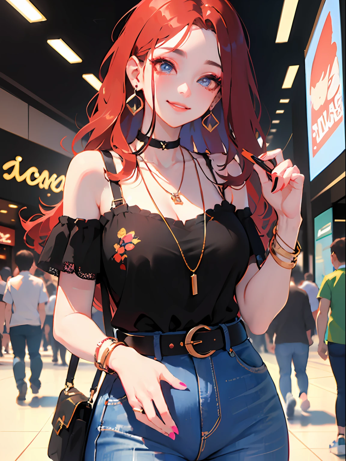 (masterpiece:1.2), (best quality:1.2), perfect eyes, perfect face, perfect lighting, 1girl, mature female, smiling, long red hair, straight hair, sophisticated haircut, stylish, single bare shoulder shirt long, music band print, jewelry, necklace, earrings, armlets, lacey choker, belt, low cut black jeans, thick eyelashes, makeup, eyeshadow, detailed mall background, crowd