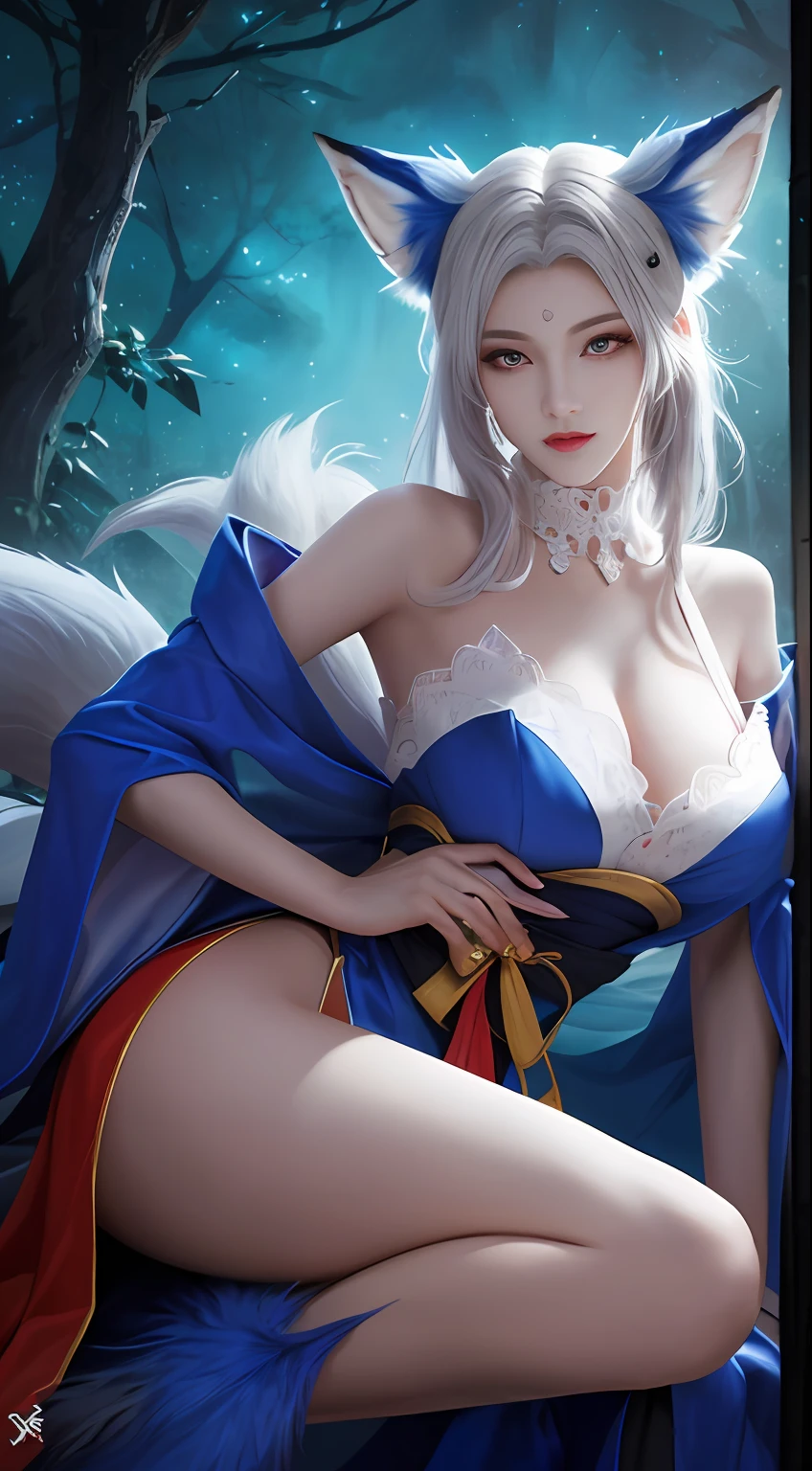 send,tmasterpiece,beautifuldetails,extremely colorful,Exquisite details,Delicate lips,The details are complex,Realiy,Ultra photo realsisim,A girl with a white-haired fox sitting on a branch:1.1,Large breasts,Raised sexy,seductiv,ethereal fox,nine tail fox,Fox three-tailed fox,Onmyoji detailed art,Nine Tails,a beautiful artwork illustration,mythological creatures,red fox,Beautiful digital artwork,Exquisite digital illustration,mizutsune , Inspired by the mythical creature wildnet,Digital art on Pixiv,strong lights,hight contrast,Horror movie theme,Dark atmosphere,Fighting posture