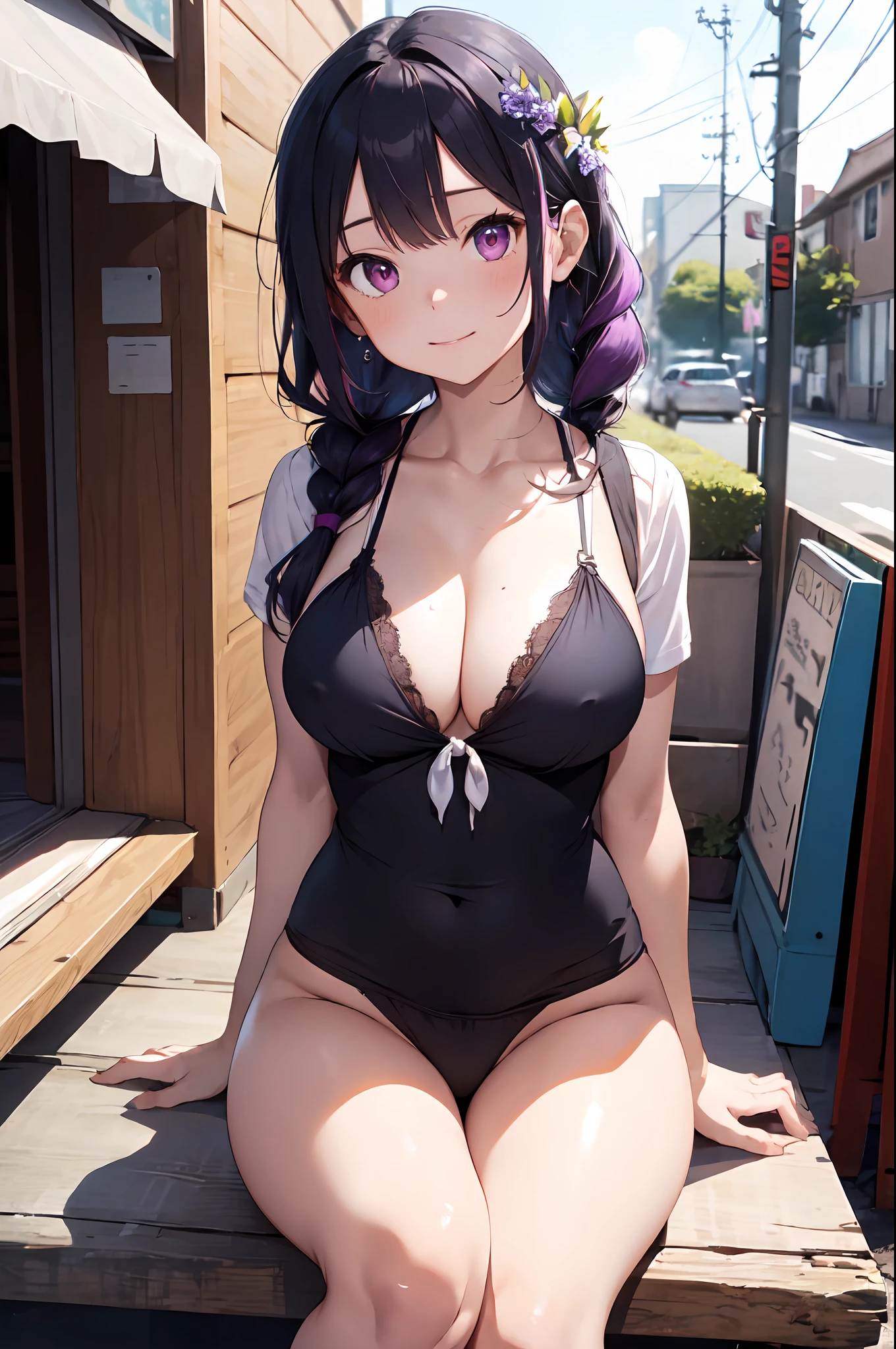 (Masterpiece, Best Quality: 1.1, Ultra Detail,purple hair :1.3, Photo: 1.3), Swimsuit, Shut Up, Seductive Smile, Seated, Tie, Skirt Flying, Lace Panties Exposed, Hyper Detail Background, Medium Tits, Head Wreath, 8K, Super Detail, Super Detail, Highres, Low Twin Braids, (Legs Open Pose), Cleavage, (No Panties) , pink eyes