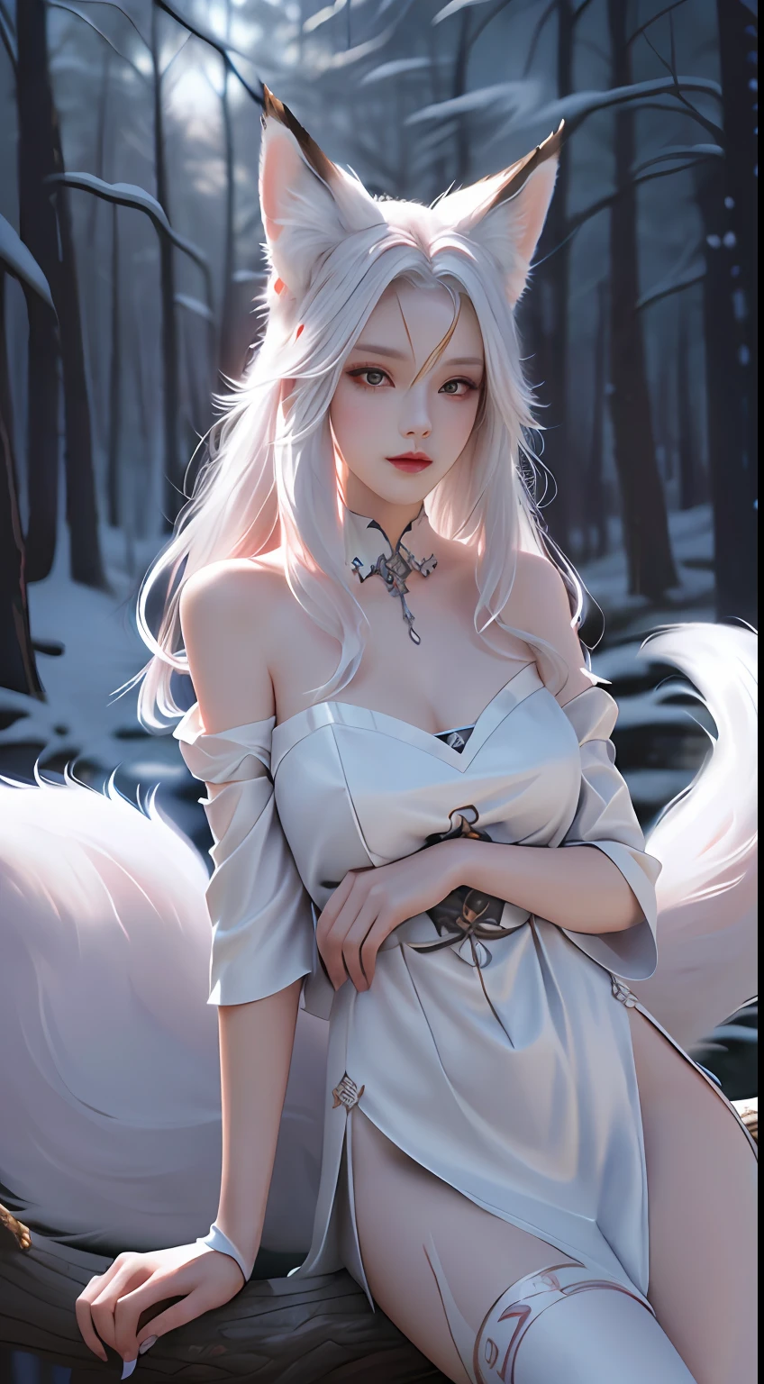 Fox ears white hair girl,full bodyesbian,Painting of a fox with white hair sitting on a branch,ethereal fox,nine tail fox,Fox three-tailed fox,Onmyoji detailed art,Nine tails,A beautiful artwork illustration,mythological creatures,red fox,Combat posture,Beautiful digital artwork,Exquisite digital illustration,mizutsune , Inspired by the mythical creature wildnet,Digital art on Pixiv,strong lights,hight contrast,Horror movie theme,Dark atmosphere