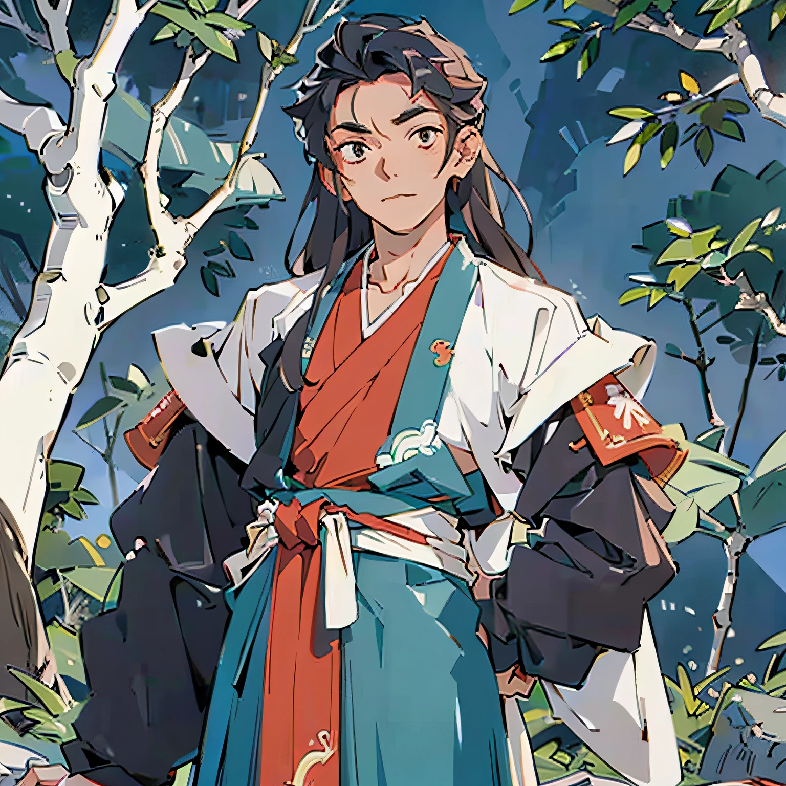 Ancient Chinese men、male people，Handsome and dashing male，a flat chest，gentle expressions、full bodyesbian、Clear facial features、Amazing facial features，Gorgeous and low-key costumes、Complex design，Game model， Stunning lighting， C4D，oc rendered，cinematic rim light，The light is delicate，tmasterpiece，ultra - detailed，Epic composition，Super HD，high qulity，HighestQuali，32K，cabelos preto e longos，There is a jade pendant around the waist，In the background is a bamboo house on the mountain，Peaceful and beautiful，detalhe poderoso，Handsome and handsome，long whitr hair，cabelos preto e longos，Hanfu color warm color，Warm colors of clothes，Soft facial features