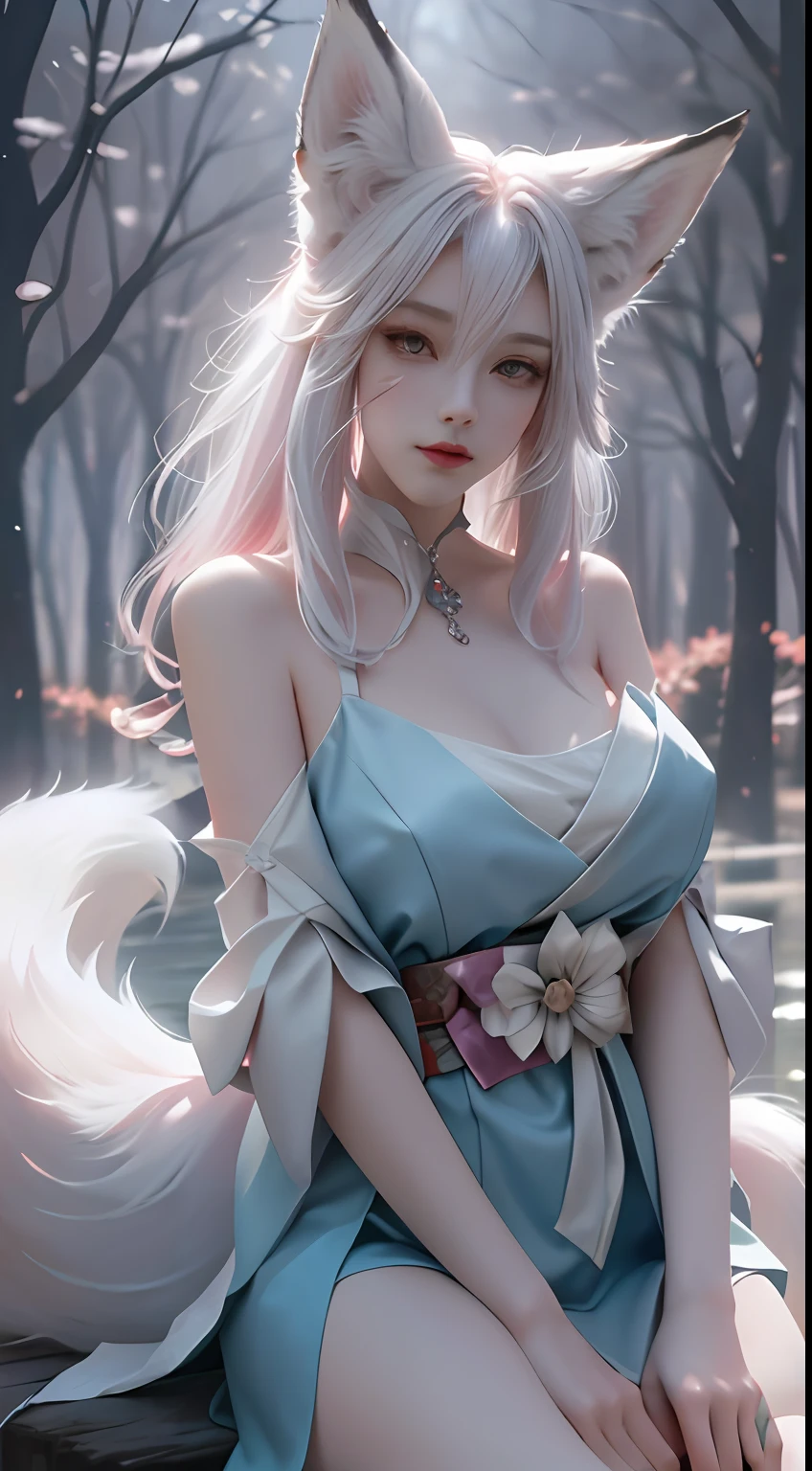 Fox ears white hair girl，full bodyesbian，Painting of a fox with white hair sitting on a branch，ethereal fox，nine tail fox，Fox three-tailed fox，Onmyoji detailed art，Nine tails，A beautiful artwork illustration，mythological creatures，red fox，Combat posture，Beautiful digital artwork，Exquisite digital illustration，mizutsune , Inspired by the mythical creature wildnet，Digital art on Pixiv，strong lights，hight contrast，Horror movie theme，Dark atmosphere