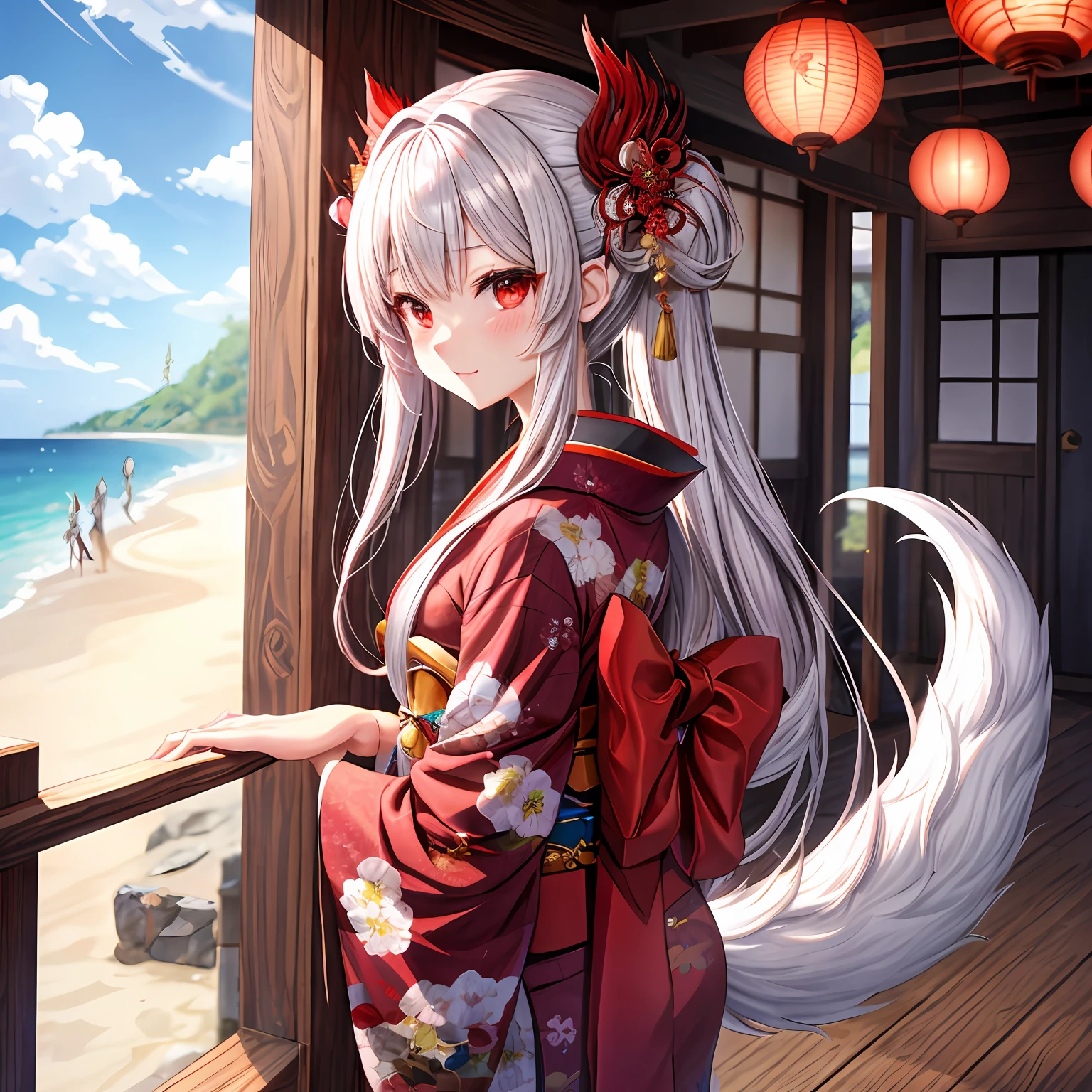 silber hair、red eyes、One pretty girl、独奏、animesque、Kimono、red blush、the Nine-Tailed Fox