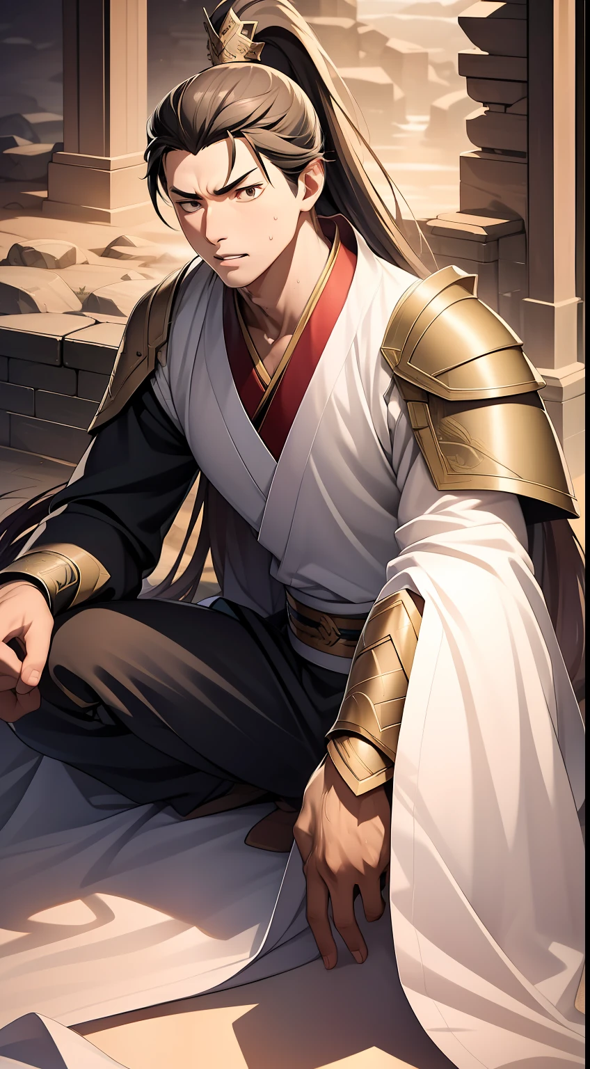 quadratic element，style of anime，mtu（Male Warrior），The proportions are correct，Face details，swordsmen，High ponytail hairstyle，Neck details，There is an Adam's apple，Golden Hanfu，kaftan，Embroidered robes，Golden robes，clothes details，Handing over，longer sleeves，Game quality，Swordsmanship，Light and shadow tracking，Ray traching，detailed glow，cg render，hair detail，cabellos largos dorados，Golden eyes，Handsome，Handsome，（juvenile sense），Clothing is complicated，Perfectcomposition，Refinement，high qulity，higher details，Lots of details，The background is complex，a sense of atmosphere，