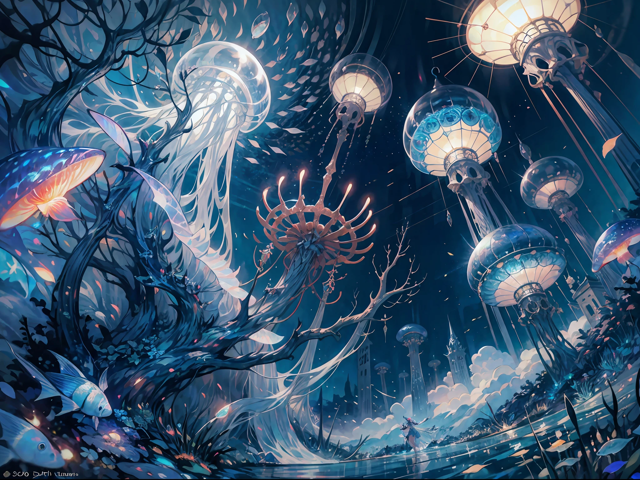 Masterpiece, High Quality, Ocean Forest, City, Fantastic Fantasy, Glowing Plants, Coral Viaduct, (Swarm of Glowing Jellyfish), (Shoal of Fish with Transparent Wings Flying in the Sky), Misty, Extreme Detail, Morning Light, Epic Composition, (Intricate Detail), (Intricate Design, Ultra Detail: 1.2), Art Station, (Masterpiece, Best Quality), Ultra HD, 32k ,castle,1girl