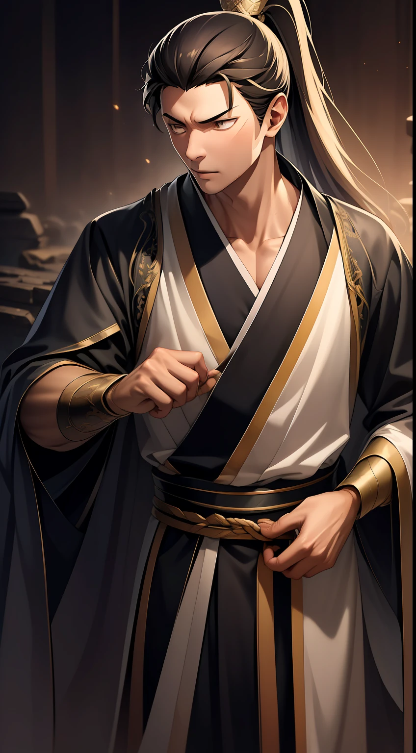 quadratic element,style of anime,mtu(Male Warrior),The proportions are correct,Face details,swordsmen,High ponytail hairstyle,Neck details,There is an Adam's apple,Golden Hanfu,kaftan,Embroidered robes,Golden robes,clothes details,Handing over,longer sleeves,Game quality,Swordsmanship,Light and shadow tracking,Ray traching,detailed glow,cg render,hair detail,cabellos largos dorados,Golden eyes,Handsome,Handsome,(juvenile sense),Clothing is complicated,Perfectcomposition,Refinement,high qulity,higher details,Lots of details,The background is complex,a sense of atmosphere,