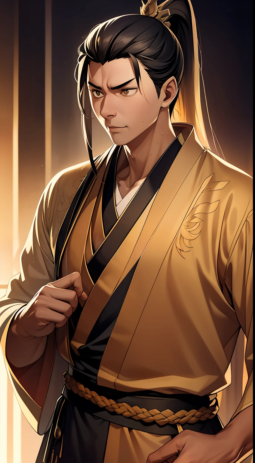 quadratic element,style of anime,mtu(Male Warrior),The proportions are correct,Face details,swordsmen,High ponytail hairstyle,Neck details,There is an Adam's apple,Golden Hanfu,kaftan,Embroidered robes,Golden robes,clothes details,Handing over,longer sleeves,Game quality,Swordsmanship,Light and shadow tracking,Ray traching,detailed glow,cg render,hair detail,cabellos largos dorados,Golden eyes,Handsome,Handsome,(juvenile sense),Clothing is complicated,Perfectcomposition,Refinement,high qulity,higher details,Lots of details,The background is complex,a sense of atmosphere,