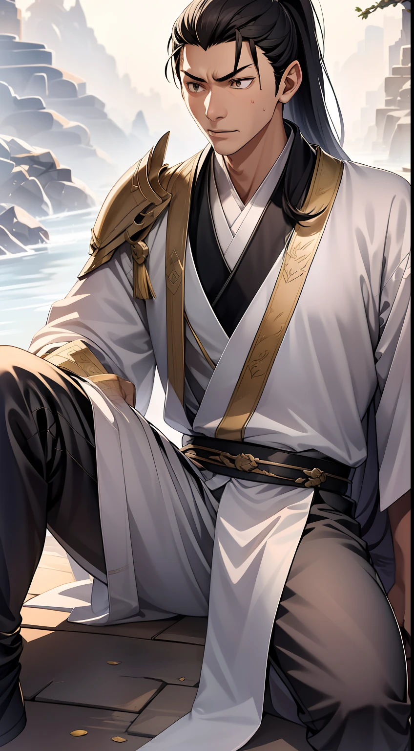 quadratic element,style of anime,mtu(Male Warrior),The proportions are correct,Face details,swordsmen,High ponytail hairstyle,Neck details,There is an Adam's apple,Golden Hanfu,kaftan,Embroidered robes,Golden robes,clothes details,Handing over,longer sleeves,Game quality,Swordsmanship,Light and shadow tracking,Ray traching,detailed glow,cg render,hair detail,cabellos largos dorados,Golden eyes,Handsome,Handsome,(juvenile sense),Clothing is complicated,Perfectcomposition,Refinement,high qulity,higher details,Lots of details,The background is complex,a sense of atmosphere,