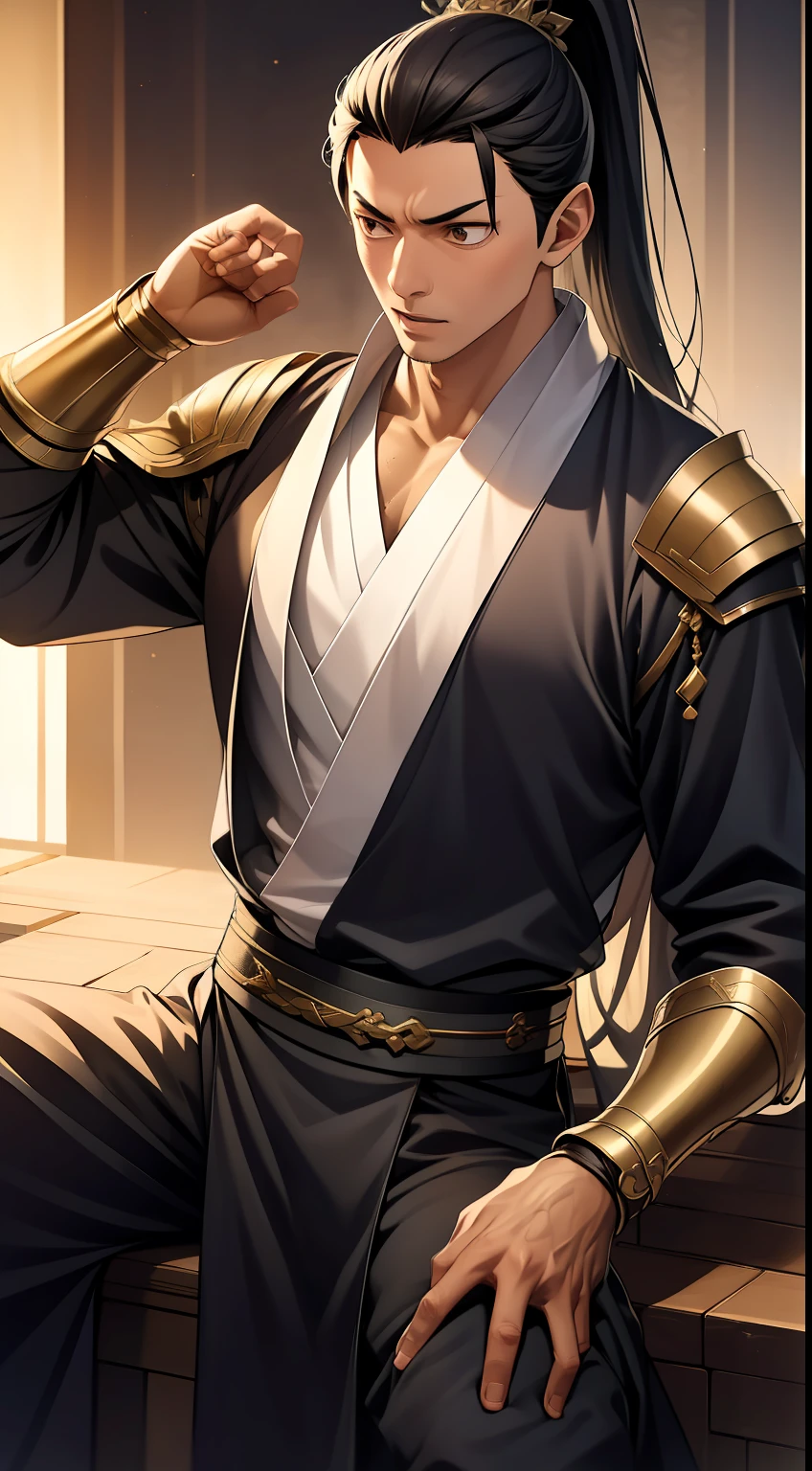 quadratic element,style of anime,mtu(Male Warrior),The proportions are correct,Face details,swordsmen,High ponytail hairstyle,Neck details,There is an Adam's apple,Golden Hanfu,kaftan,Embroidered robes,Golden robes,clothes details,Handing over,longer sleeves,Game quality,Swordsmanship,Light and shadow tracking,Ray traching,detailed glow,cg render,hair detail,cabellos largos dorados,Golden eyes,Handsome,Handsome,(juvenile sense),Clothing is complicated,Perfectcomposition,Refinement,high qulity,higher details,Lots of details,The background is complex,a sense of atmosphere,