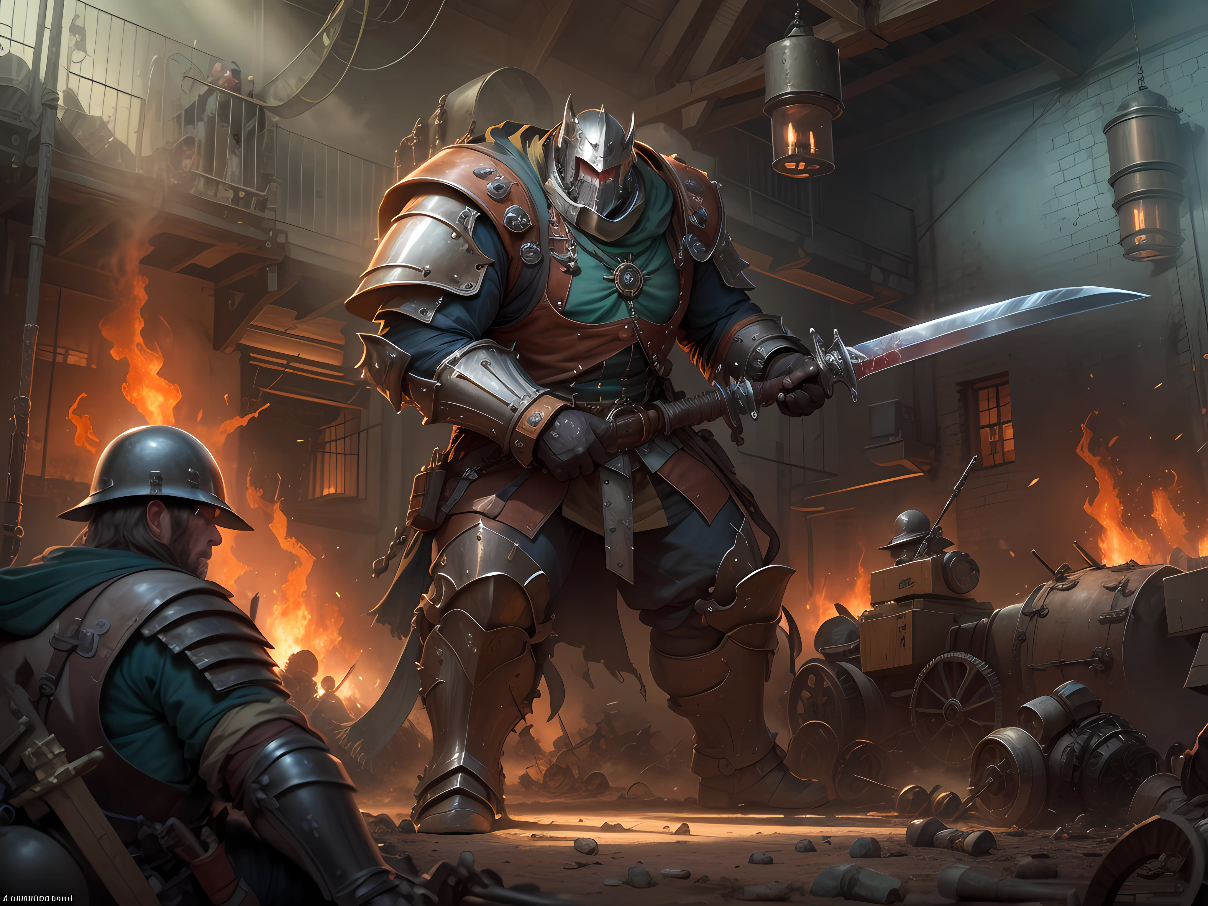 a European General Man, Blonde, tanned skin, cold-looking blue eyes, old face, musclular body, wearing steampunk steel armor, carry a long sword, steampunk, steampunk knight, fantasy steampunk paladin carry a long sword behind waist, masterpiece, best quality, General Man leading him army into battle, heroic, bright, moody, intense, steampunk knight, realistic shadows, high quality, ultra detailed in 4k, 8k, high resolution, sharp focus, depth of field, faded, (neutral colors:1.2), (hdr:1.4), (muted colors:1.2), hyperdetailed, (artstation:1.4), mechanism gears, industry technology, automaton, electric sparks cinematic atmosphere. (rutkowski:0.66), (teal and orange:0.4)", steampunk battle city background, monster in a battlefield of blood and fire. As he fought, the bodies of his enemies piled up around him, but he remained untouched, his figure growing larger and more majestic with each passing moment. Finally, after defeating the entire army alone, the general stood victorious, his sword still raised high. His bravery and triumph filled the battlefield with a sense of solemn grandeur. hdr, (photorealism, masterpiece quality, best quality). masterpiece, best quality, etermined expression, technomancer dark couds, floating lights, colorful leather vest with gears, techwear, steampunk in the background, machines, gears, steam, industry, technology, oven, dirt, anvil, buttons, levers, automaton, electricity, electric sparks epic atmosphere.