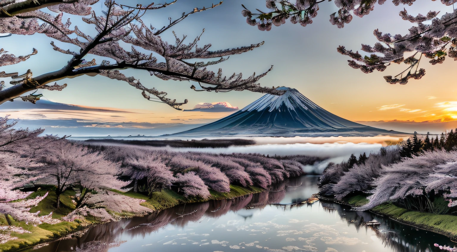 official art, RAW photo of a landscape, small details, (photorealistic:1.4), ultra-realistic photo, 8k uhd, dslr, high quality, film grain, Fujifilm XT3, (masterpiece), Mt.fuji, (solo:1.4), snow-capped mountain, lush green mountain slope, clouds billowing over the mountain slopes, (a lot of cherry blossom:1.3), (sunset), deep forests, several lakes, (mist drifting over the lake:1.2), milky way, twinkling stars, wide-angle,