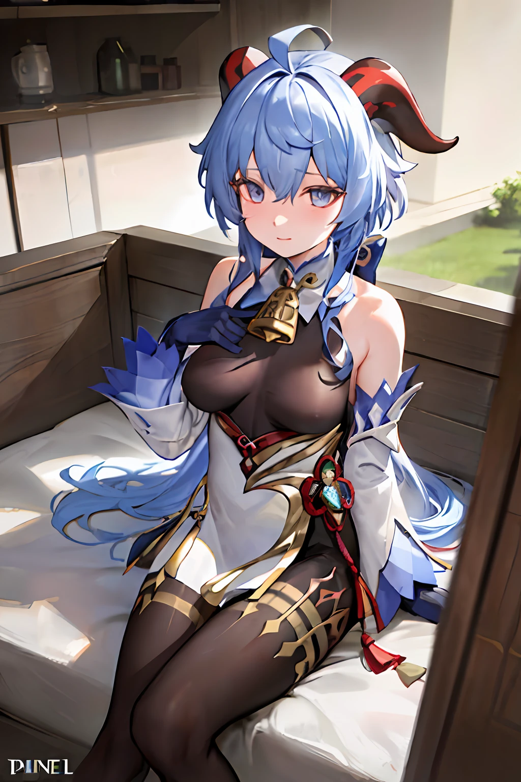 (photorealistic:1.4), (masterpiece, sidelighting, finely detailed beautiful eyes: 1.2), masterpiece*portrait, realistic, 3d face, 
ganyu \(genshin impact\), 1girl, ahoge, architecture, bangs, bare shoulders, bell, black gloves, black pantyhose, (blue hair), blush, breasts, chinese knot, detached sleeves, flower knot, gloves, horns, long hair, looking at viewer, medium breasts, neck bell