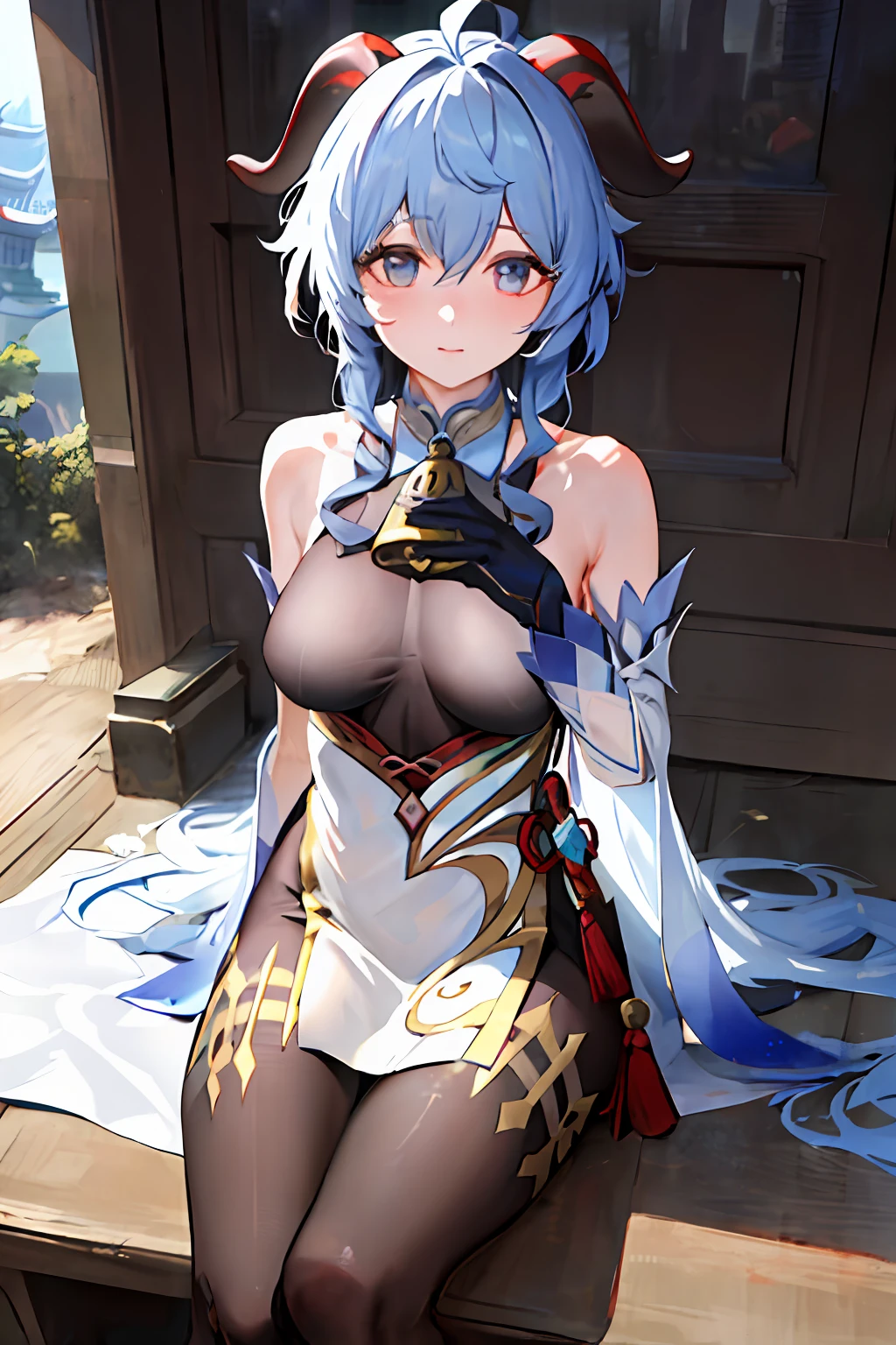 (photorealistic:1.4), (masterpiece, sidelighting, finely detailed beautiful eyes: 1.2), masterpiece*portrait, realistic, 3d face, 
ganyu \(genshin impact\), 1girl, ahoge, architecture, bangs, bare shoulders, bell, black gloves, black pantyhose, (blue hair), blush, breasts, chinese knot, detached sleeves, flower knot, gloves, horns, long hair, looking at viewer, medium breasts, neck bell