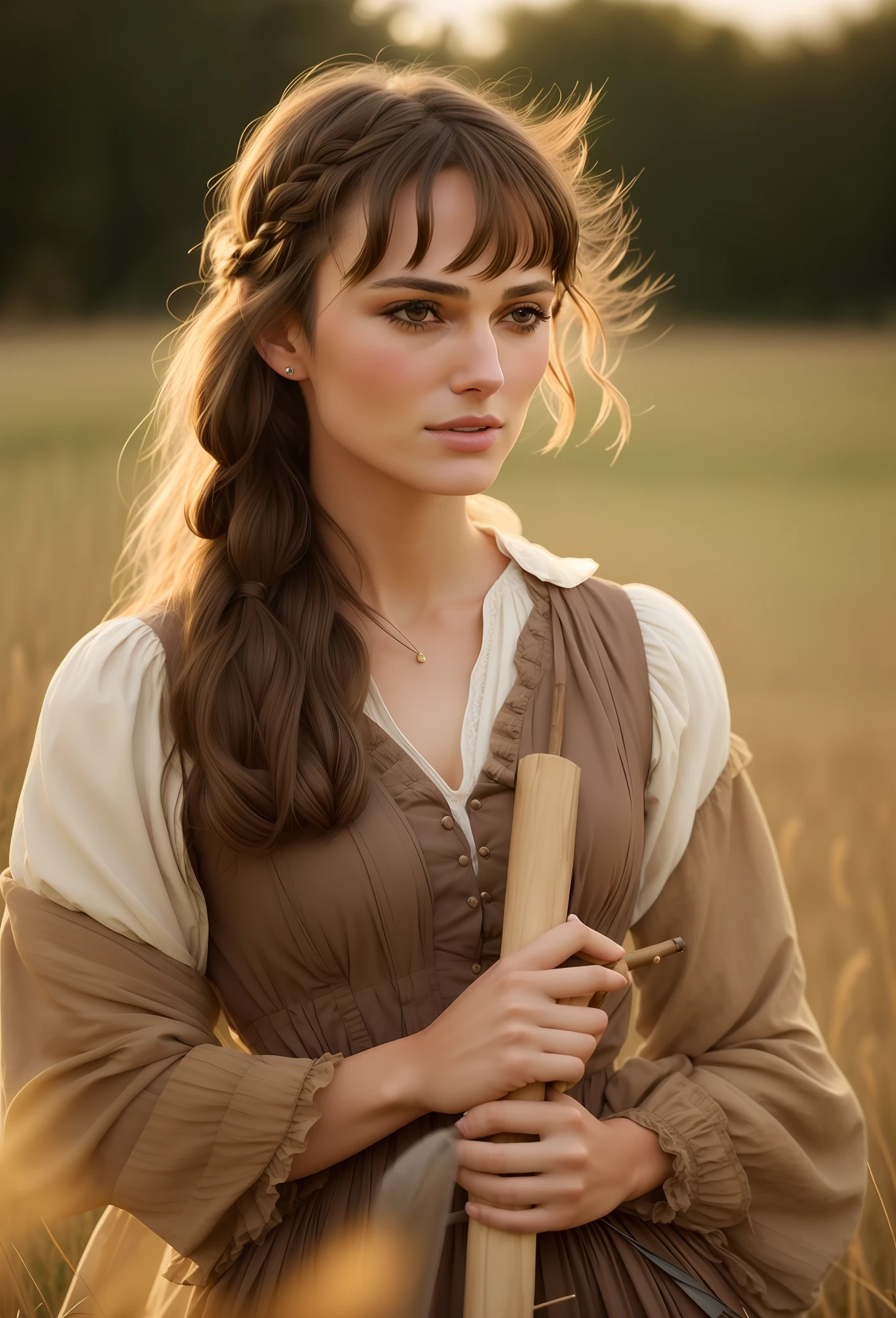 arafed woman in a brown dress holding a stick in a field, kiera knightly in repose, kiera knightley, kiera knightly, keira knightley, belle, inspired by Sophie Pemberton, beautiful model, beautiful maiden, soft light from the side, beautifully soft lit, emma, woman with braided brown hair, beautiful woman
