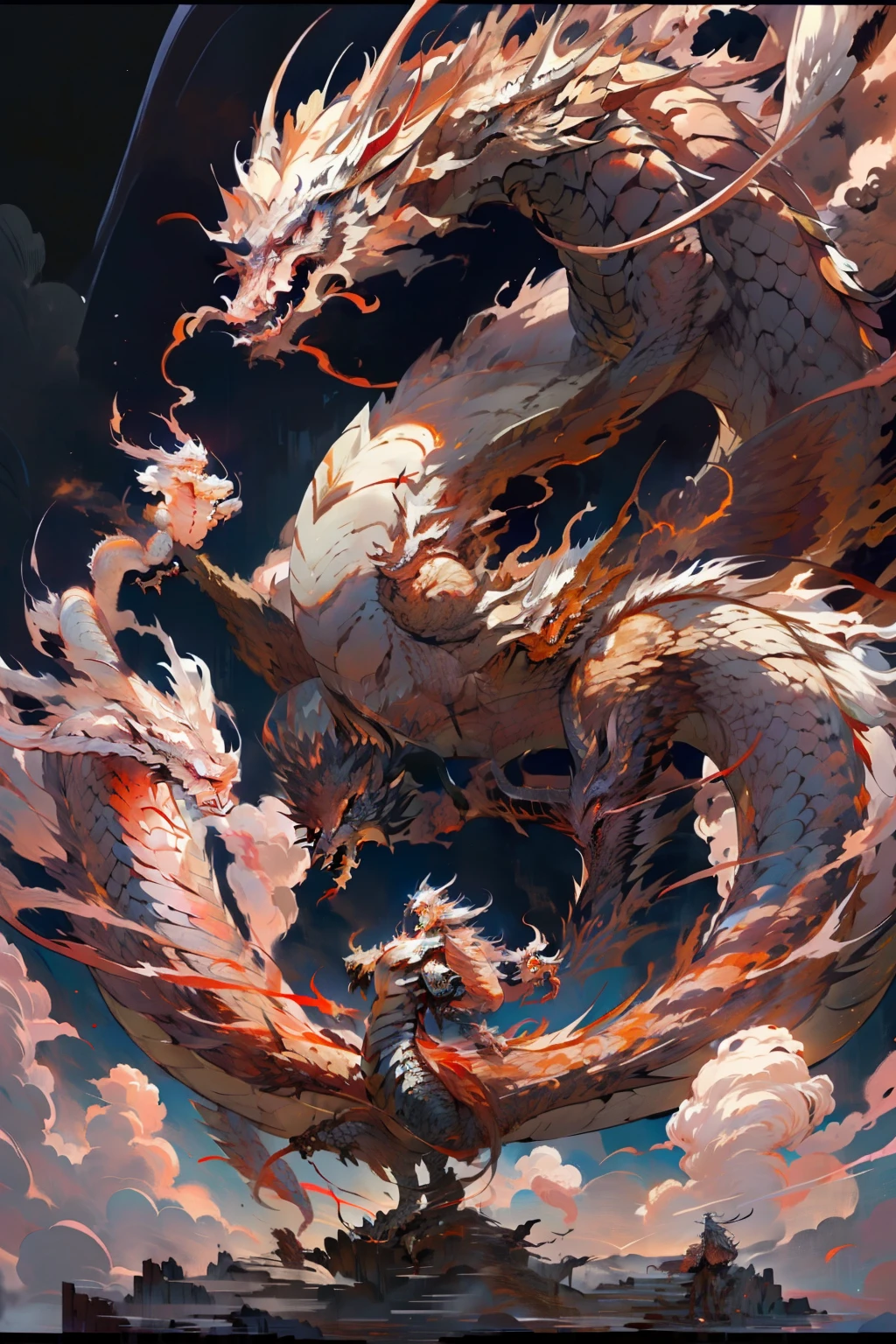 Anime,masterpiece,(bestquality),highlydetailed,ultra-detailed,dragon,(fierce:1.5),(majestic:1.3),(firebreathing:1.2),(scales:1.4),(sharpclaws:1.2),(wings:1.3),(flying:1.2),(intenseeyes:1.2),(smoke:0.8),human,(brave:1.2),(warrior:1.3),(armor:1.3),(sword:1.2),(standing:1.2),(determined:1.2),(interaction:0.8) --style scenic