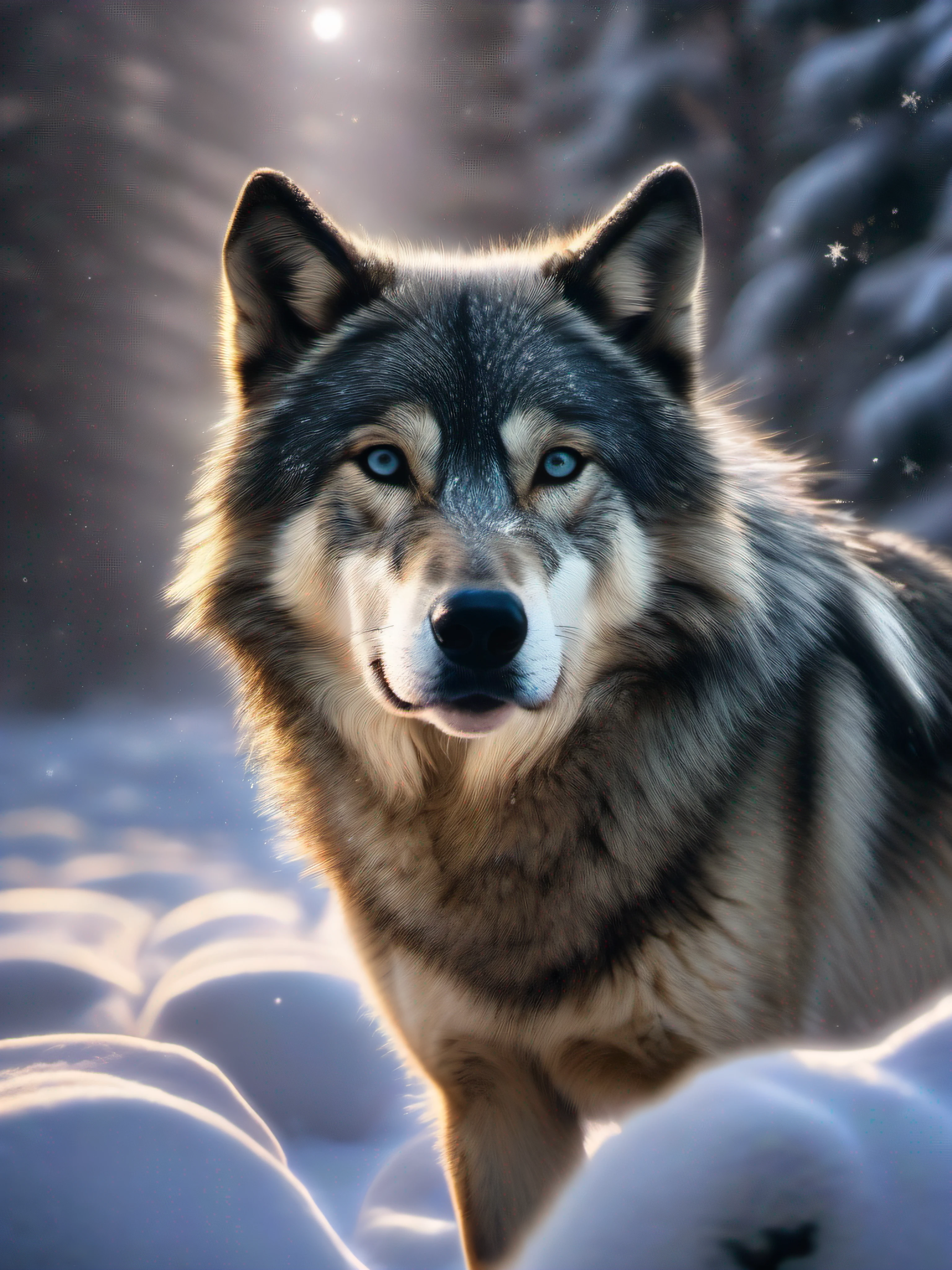 Create a vivid realistic and mesmerizing photo depicting an iridescent wolf amidst a starry night with a full moon. Capture the essence of its fierce nature as its piercing eyes gleam with aggression. The wolf's fur exhibits shades of gray and black, beautifully reflecting the celestial hues. Let the setting be a serene clearing in a dense forest of towering evergreen firs, god rays, lens flare, f/2.8, 35mm, Canon, 16k, award winning, best quality, highres, anatomically correct, without signature