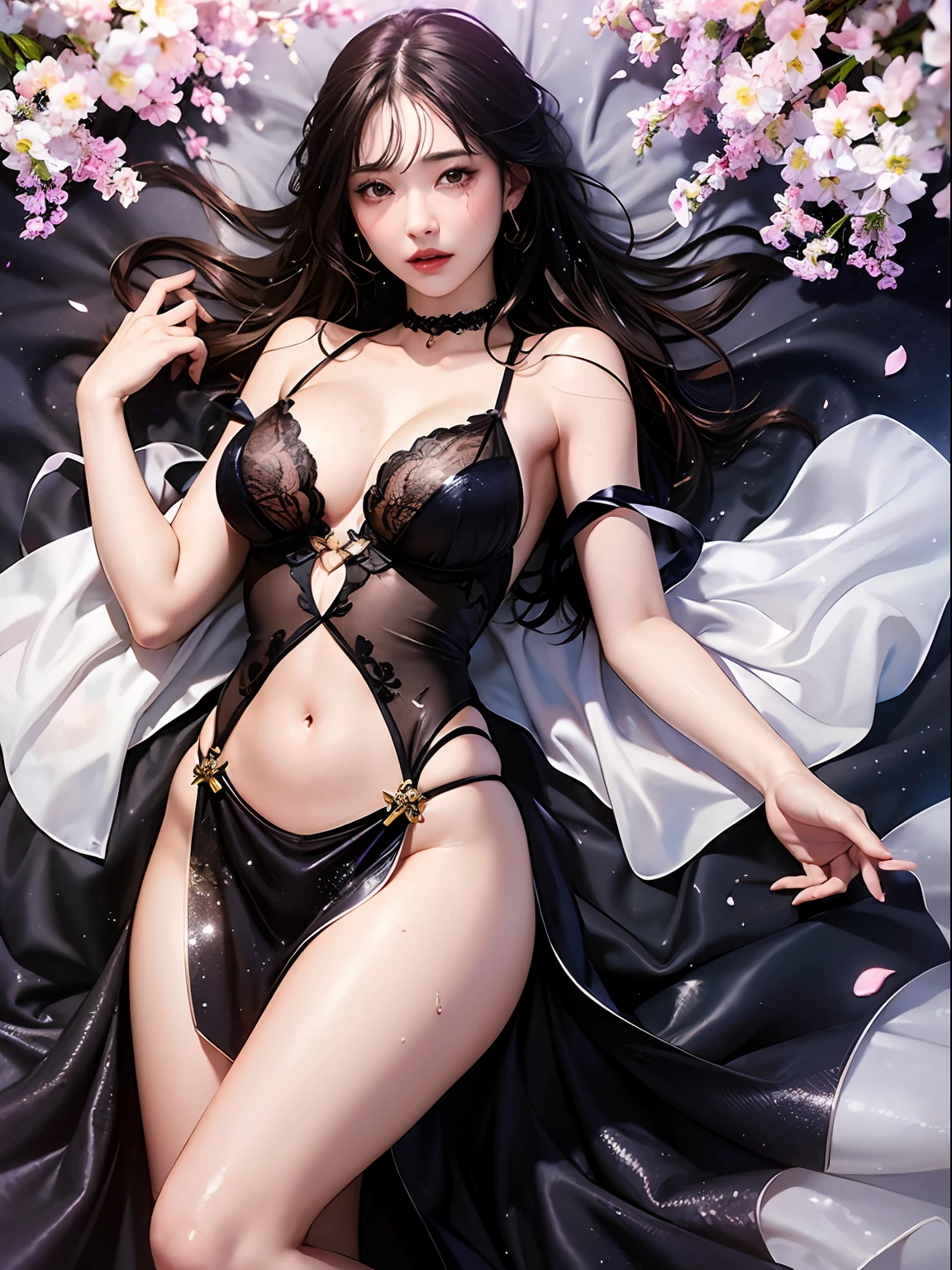 loose outfit、Show shoulders、Dark Color String Dress、How to wear a black gown、Decorated with intricate patterns and bright colors、Transparent material that makes the skin shine、Artistic depiction of seductive woman in gown with wet thin cloth and transparent skin, Floral and fantastic pattern with flowing silky traditional see-through skin。Her dress draped elegantly around her curvaceous figure、Emphasizes her charming silhouette。She's a gentle fireworks night、Dynamic Posing、Sexy Posing、bathed in the soft glow of moonlight。The scene is、With a hint of mystery and sensuality、It exudes an ethereal dreamy atmosphere。The image style is、Incorporates a blend of watercolor and digital illustration techniques.、It makes you feel delicate beauty and charm。Soft moonlit lighting、Cast gentle highlights and shadows on her mesmerizing features。Dynamic Posing、Bold poses、The hand is somewhere、see -through、show through、A sexy、Wet hair、Wet、（cherry trees、flower petals、cherryblossom、The cherry tree、Sakura Snowstorm 1.5）、buried、Transparent skin、Wet clothes、（Chest 1.2）、Navel Ejection、Swaying in the wind、Burgundy、pale red、（Slouch 1.5）、Lace colors、lace choker、a choker、Lie on your back on the surface of the water、New lining、