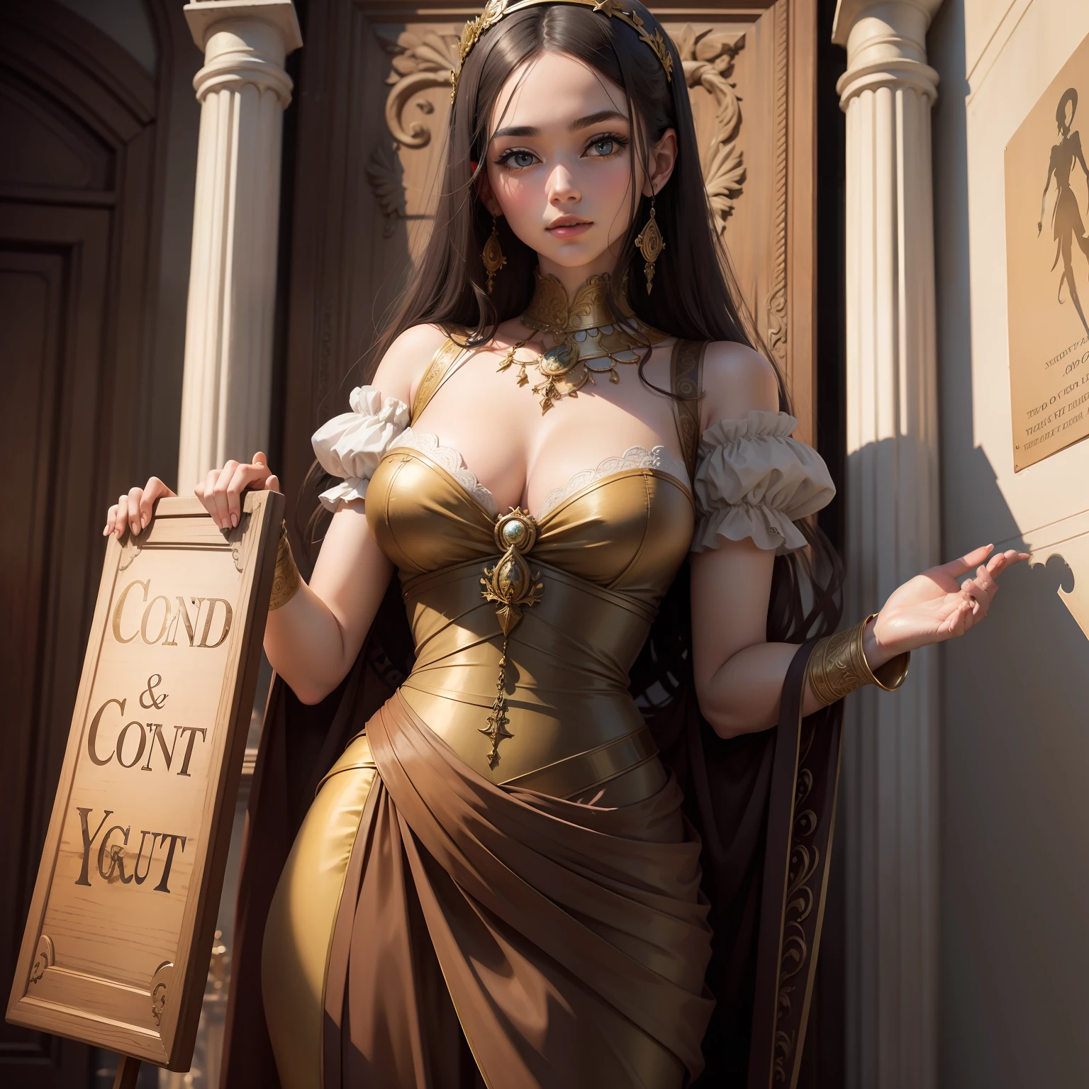 An antique beauty holds a sign with both hands,The sign reads To be continued
