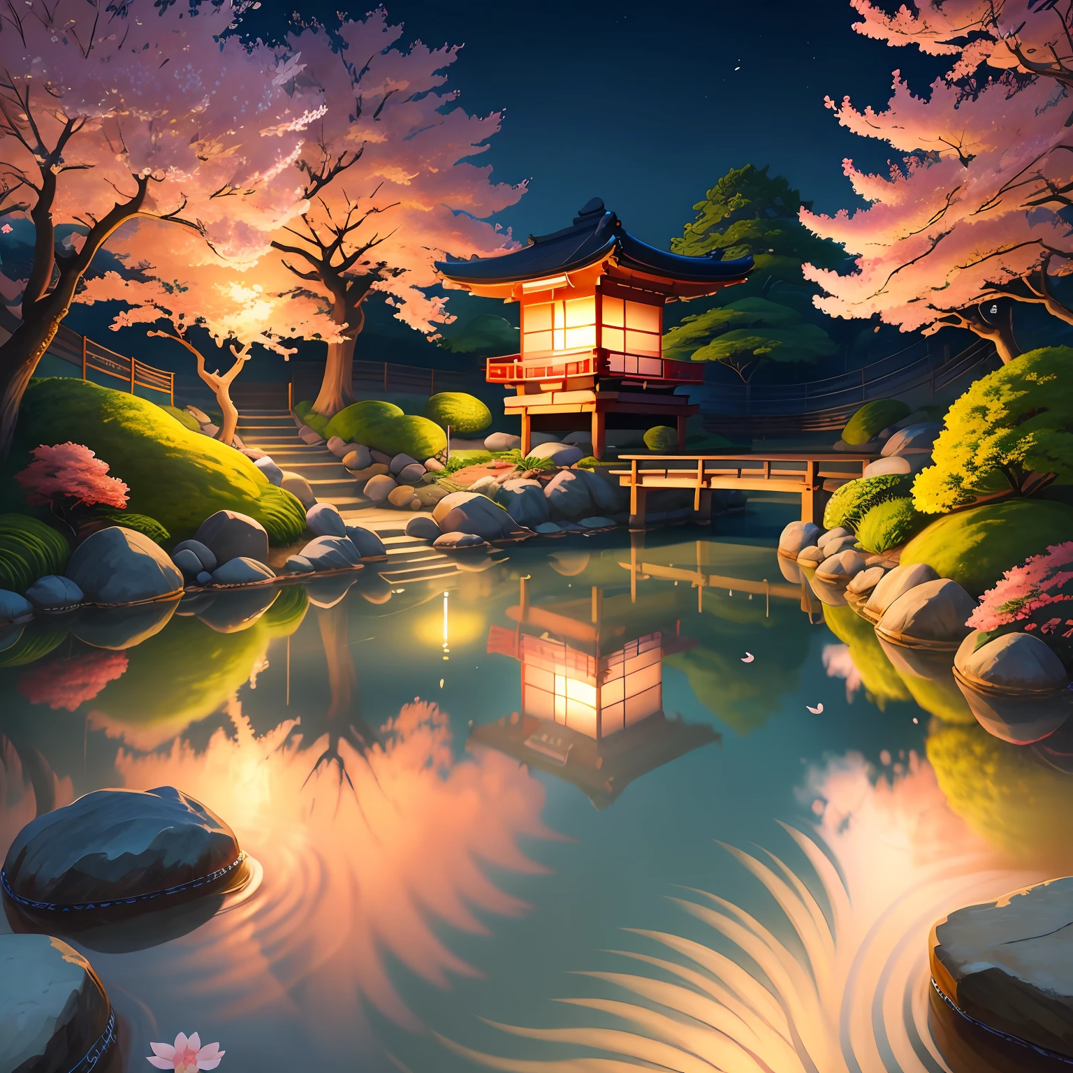 (digital painting),(best quality), serene Japanese garden, cherry blossoms in full bloom, koi pond, footbridge, pagoda, Ukiyo-e art style, Hokusai inspiration, Deviant Art popular, 8k ultra-realistic, pastel color scheme, soft lighting, golden hour, tranquil atmosphere, landscape orientation