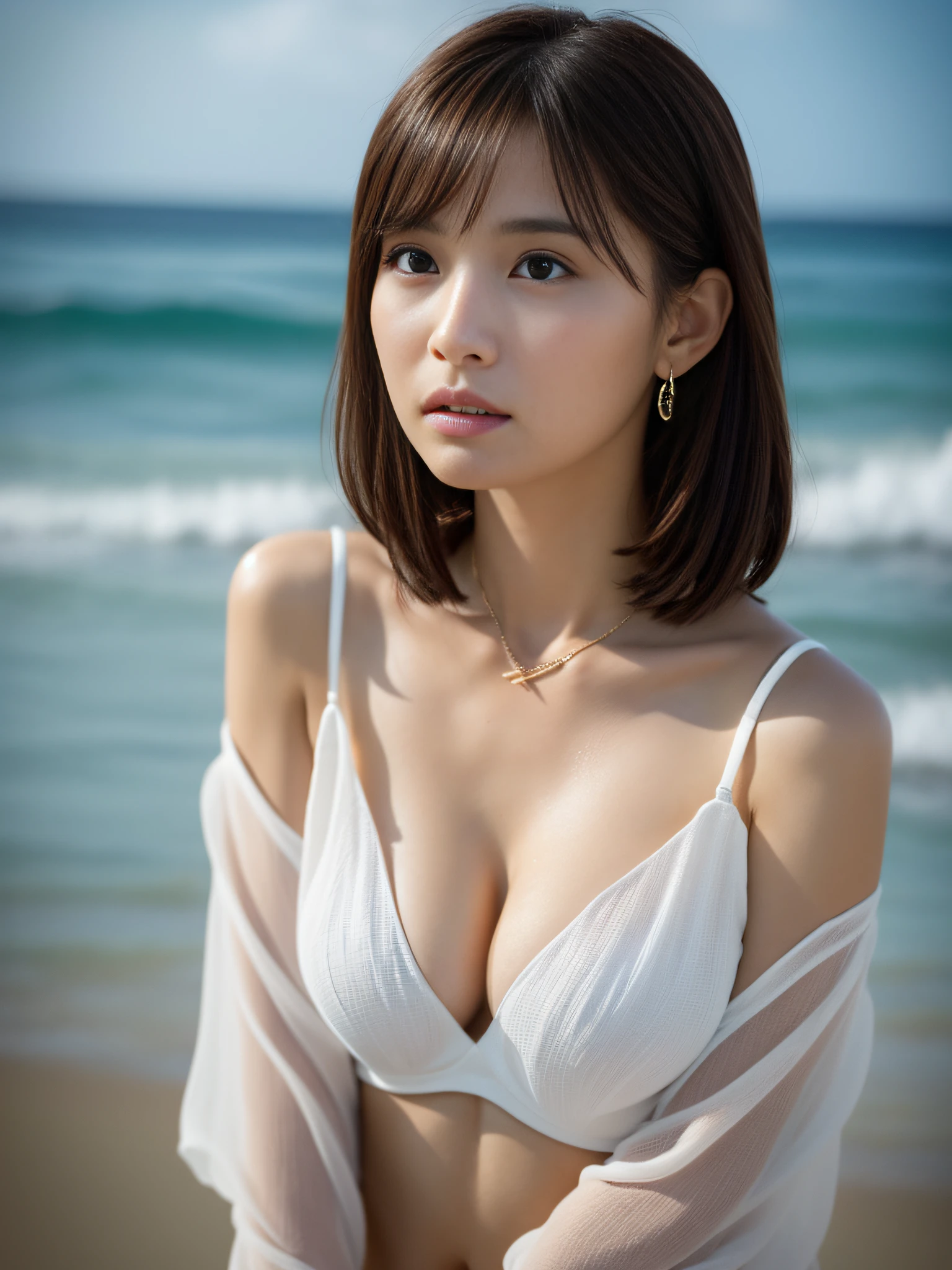 (Photorealistic), (Ultra High Realistic), (Ultra High Definition), (Ultra High Detailed), (Increase the contrast), (Increase the Saturation), (1girl), young girl, A pretty woman with perfect figure, cute face, beautiful countenance, (Lifelike face), Beautiful hairstyle, realistic eyes, beautiful detail, (real looking skin), Beautiful skins, enticing, Ultra high definition, hyper-realistic, Realistic, Very Detailed, (small breasts), (cleavage), (anatomically correct), Japanesegirl, Semi-long hair, bangs, (Brown hair), (small tits), (slim figure), (Off -shoulder), (Wet white Linen shirt), long slit skirt, barefoot, necklace, earrings, (anatomically correct), Sony FE, F/1.2, 135mm lens, Focus on the face, (On a white beach in Okinawa), Watch the viewer in front of youcinematic lighting
