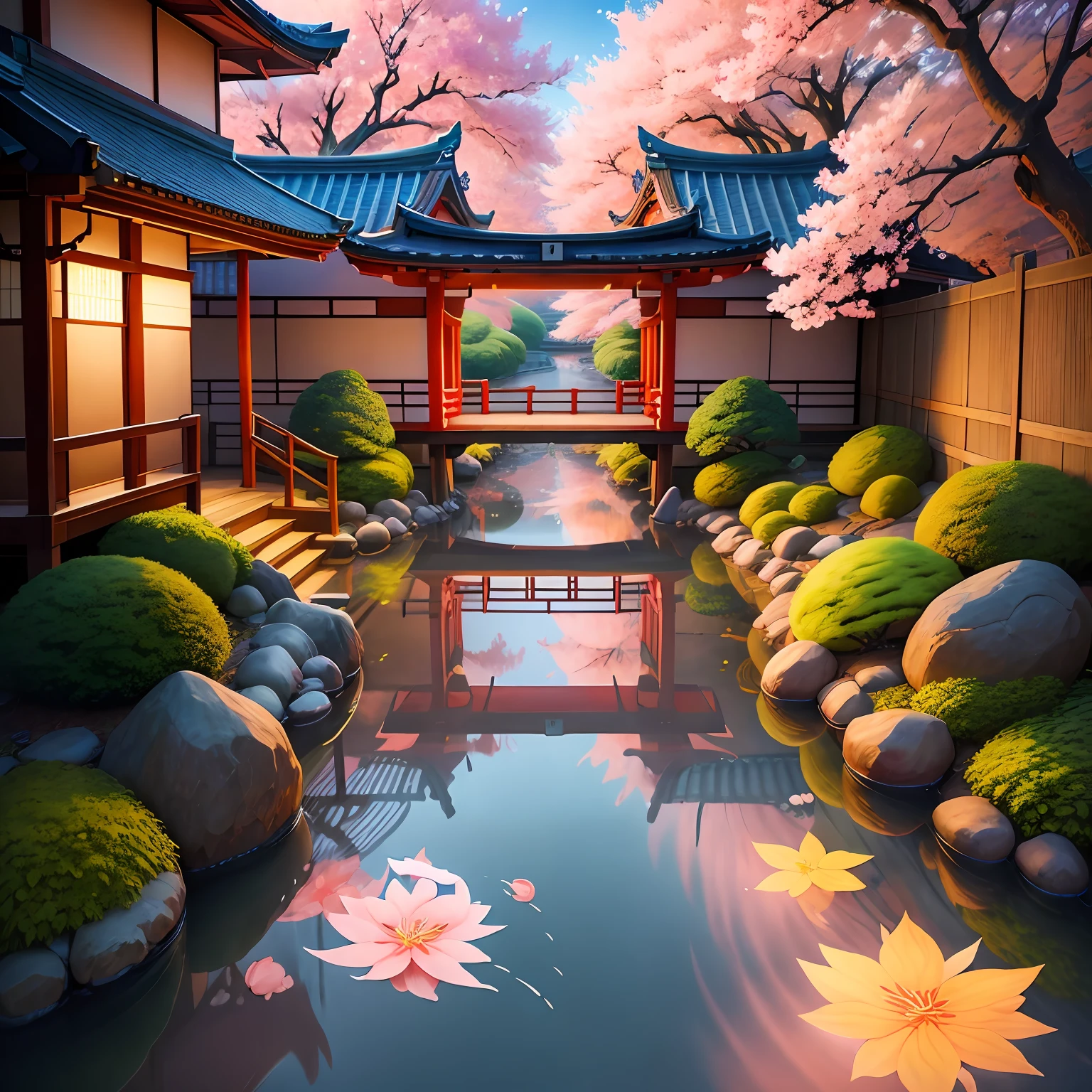 (digital painting),(best quality), serene Japanese garden, cherry blossoms in full bloom, koi pond, footbridge, pagoda, Ukiyo-e art style, Hokusai inspiration, Deviant Art popular, 8k ultra-realistic, pastel color scheme, soft lighting, golden hour, tranquil atmosphere, landscape orientation