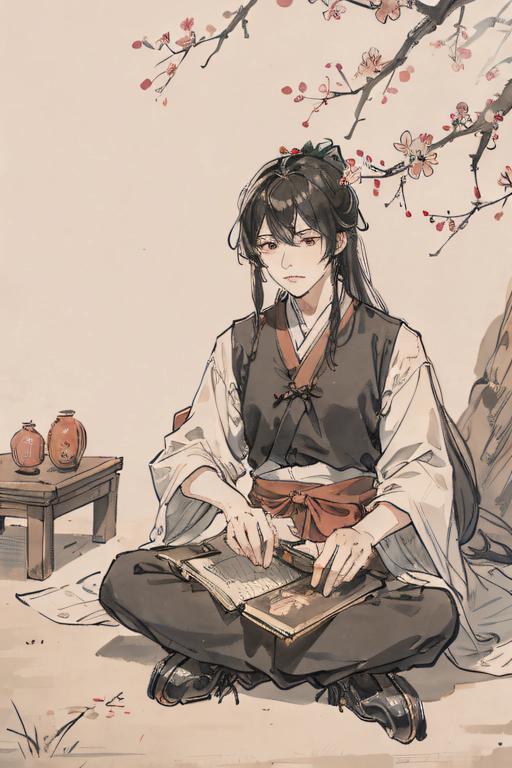 （tmasterpiece，best qualtiy：1.2），Tradition Chinese Ink Painting，Ming dynasty scholar，Long hair tied up high，Wearing Ming dynasty chivalrous clothes，Merry，Manly，Samurai belt，High-waisted leather boots，Sit under a peach blossom tree，Play Go，A Go board next to you，The scholar's face was handsome and flowing，The eyes are very alert，Smart look