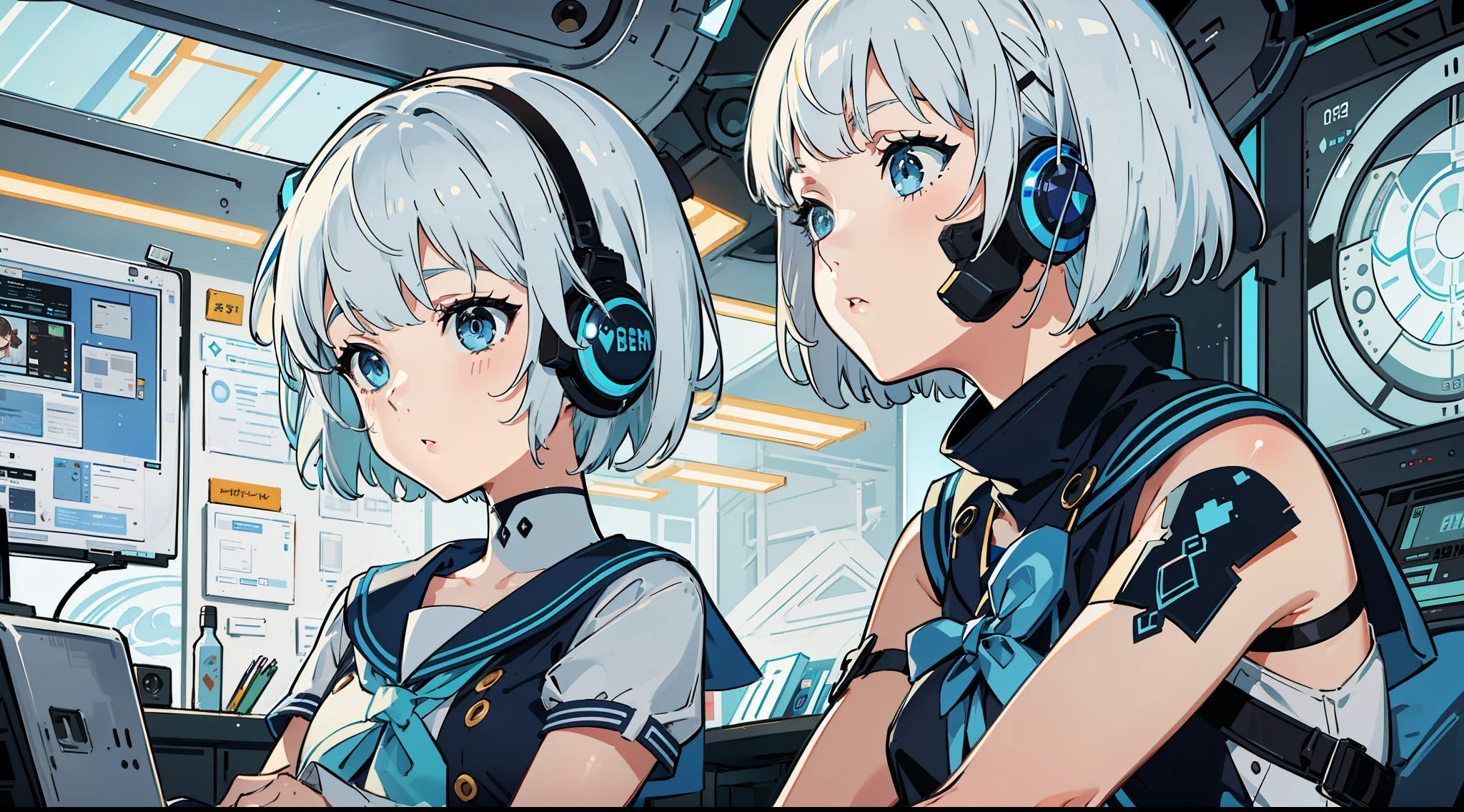 2girl, one is a short girl with blue eyes in a sailor suit with a blonde bob cut and the other is a short girl with blue eyes in a sailor suit with a silver hair cut and asymmetrical bangs, (sitting), blue cyber punk room, blue fluorescent light, room with lots of monitors and speakers