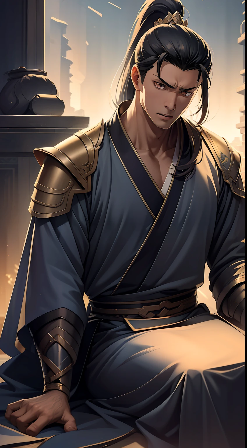 quadratic element,style of anime,mtu(Male Warrior),The proportions are correct,Face details,swordsmen,High ponytail hairstyle,Neck details,There is an Adam's apple,Golden Hanfu,kaftan,Embroidered robes,Golden robes,clothes details,Handing over,longer sleeves,Game quality,Swordsmanship,Light and shadow tracking,Ray traching,detailed glow,cg render,hair detail,cabellos largos dorados,Golden eyes,Handsome,Handsome,(juvenile sense),Clothing is complicated,Perfectcomposition,Refinement,high qulity,higher details,Lots of details,The background is complex,a sense of atmosphere,