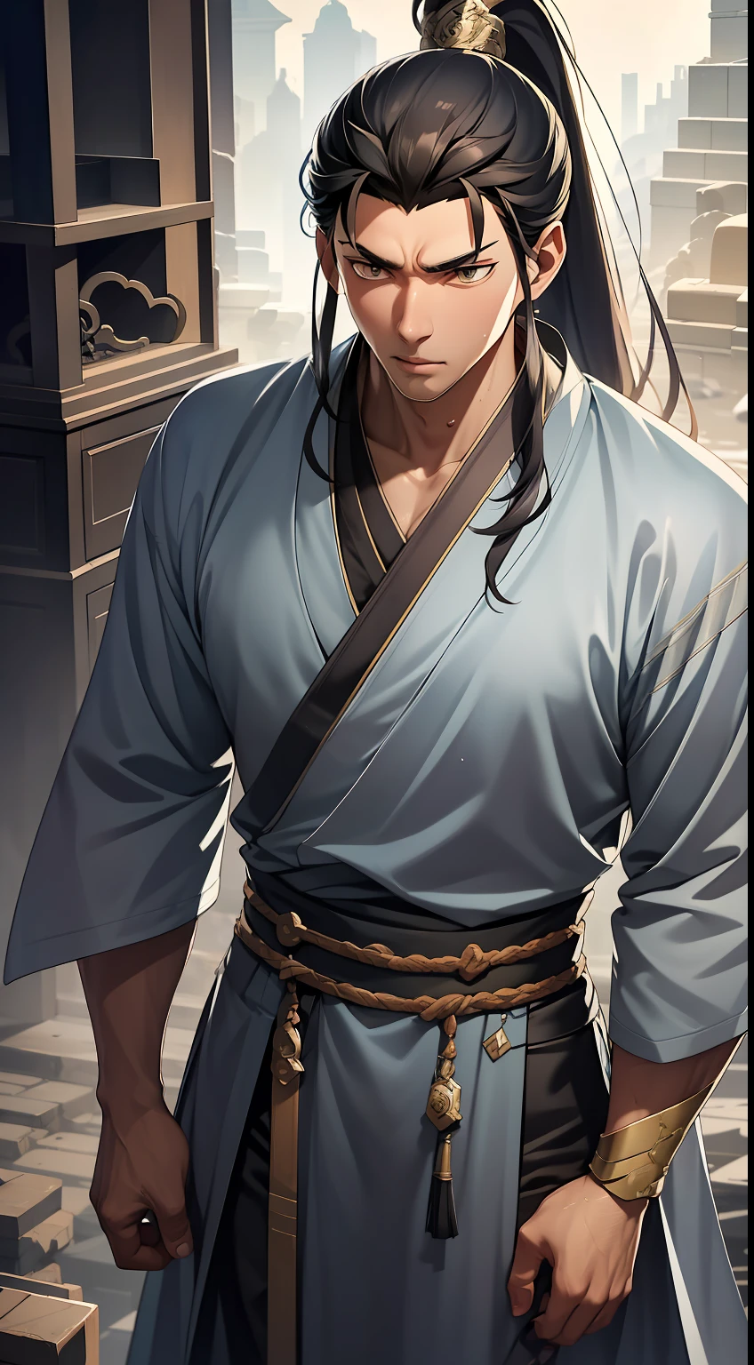 quadratic element，style of anime，mtu（Male Warrior），The proportions are correct，Face details，swordsmen，High ponytail hairstyle，Neck details，There is an Adam's apple，Golden Hanfu，kaftan，Embroidered robes，Golden robes，clothes details，Handing over，longer sleeves，Game quality，Swordsmanship，Light and shadow tracking，Ray traching，detailed glow，cg render，hair detail，cabellos largos dorados，Golden eyes，Handsome，Handsome，（juvenile sense），Clothing is complicated，Perfectcomposition，Refinement，high qulity，higher details，Lots of details，The background is complex，a sense of atmosphere，
