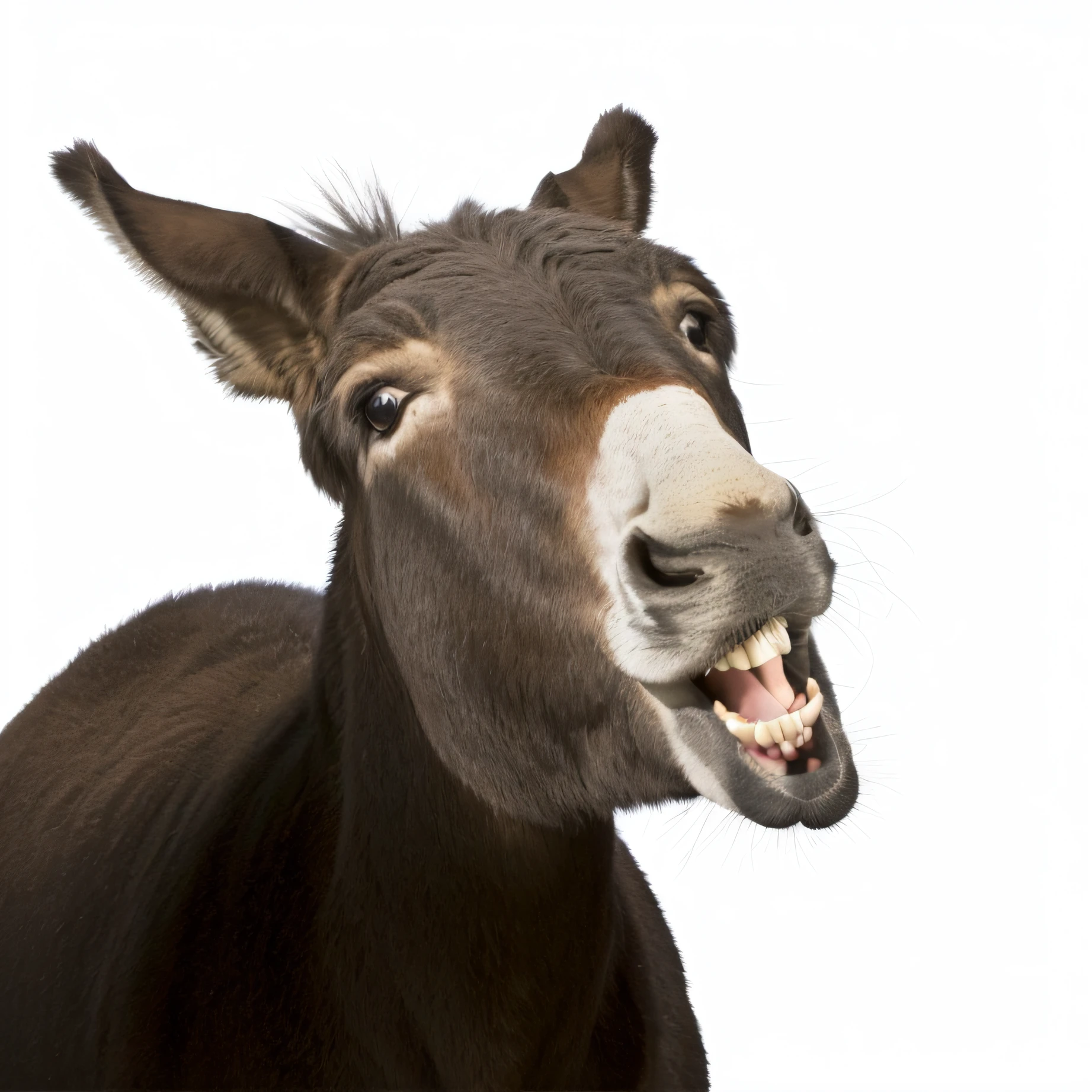 Alafi had a big smile on his face,The background is white, donkey, mule, Donkey ears, Appalling, Funny, wild beautiful donkey, sneering at the camera, Grimacing, 火焰, laughingstock, istock, lama, The, author:Edward Corbett, moose, 🦑 designs, very funny, satirize, photo shot, Head shot,Comic style