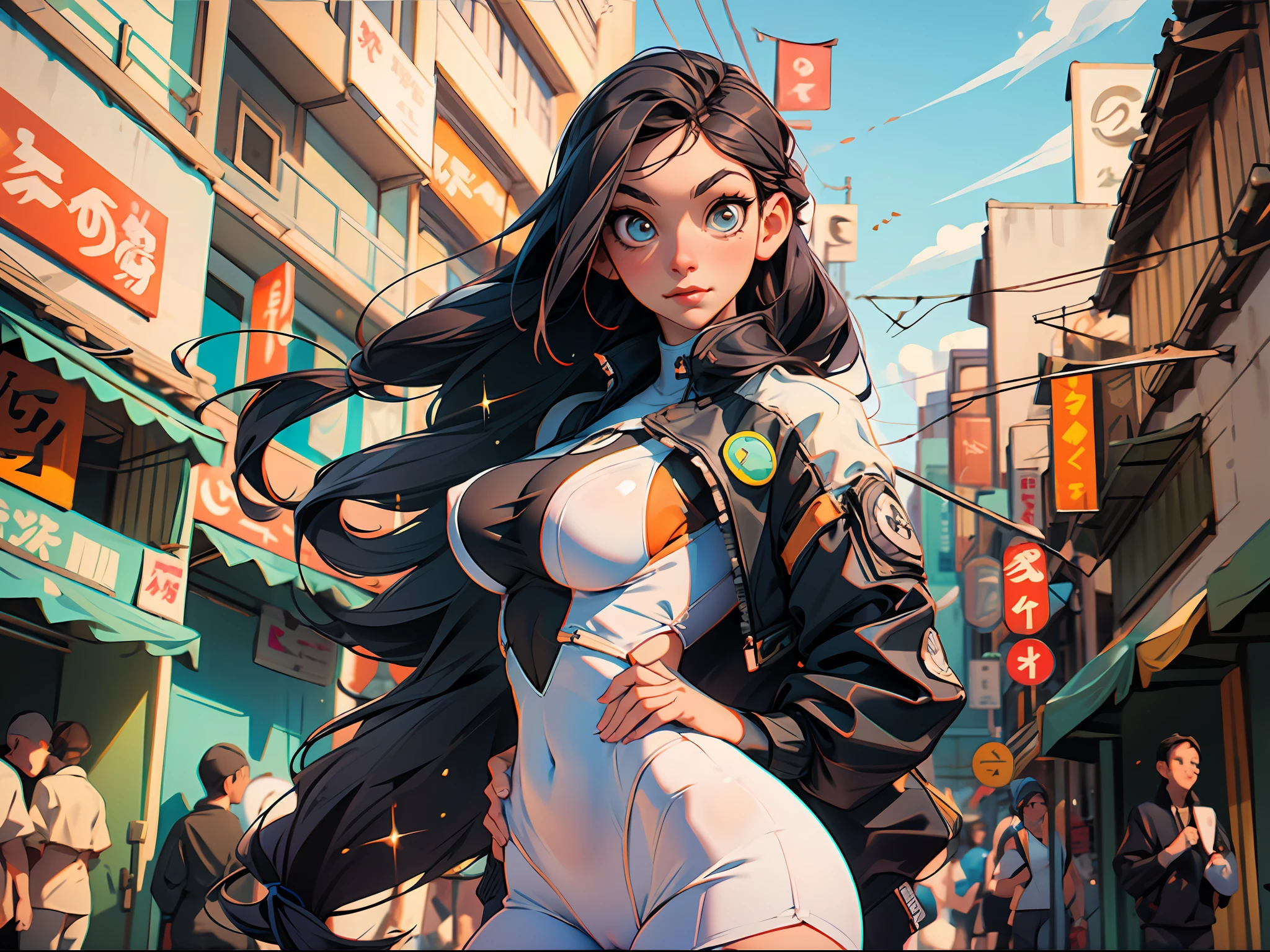 1Beautiful young woman with white sticky swimsuit (cameltoe) orange techwear jacket, long black hair, sparkling eyes, well-defined and sensual body, sexy pose; Blurry tokio street in the background