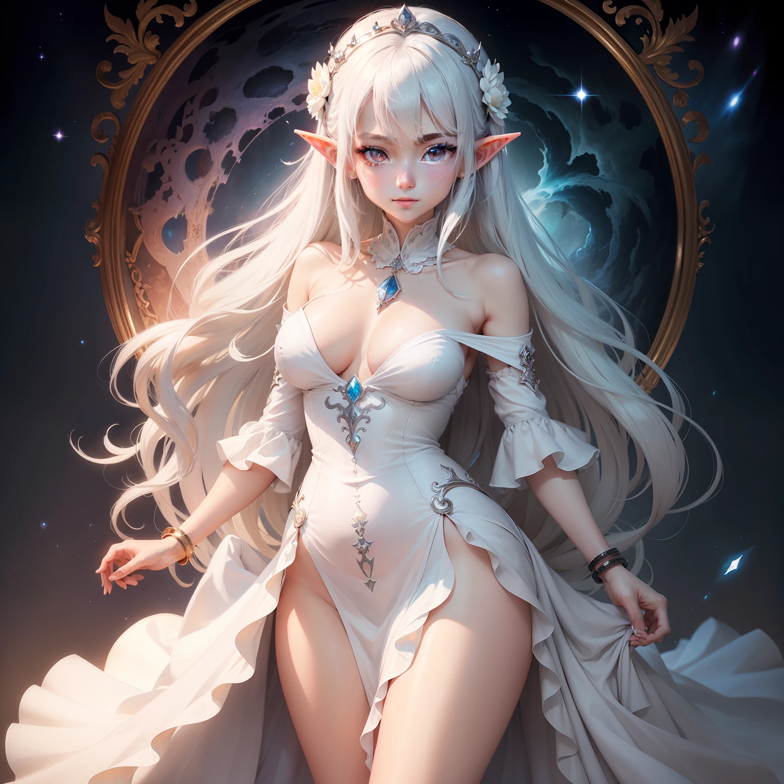 (Simple hands:0.5)+(Detailed hand:0.7)、(master work)、(top-quality)、white  hair、Akame、1girl in、pale-skinned、white  hair、Akame、two tone hair、eye lashes、A bracelet、jewely、a smile、glistning skin、shinny hair、Detailed and majestic stages、Fantasia、Long、1 girl in、two tone hair、nigh sky、A masterpiece of incredibly detailed CG illustrations、looking at you、animesque、beautiful anime eye、 beatiful detailed eyes、The eye、Glittering eyes、red eyes、intergalactic、nebulas、(full bodyesbian)、(Curvaceous)、POV、Wet neckline、(skinny thigh)、4k HD、A hyper-realistic、the perfect body、Perfect lips、Perfect nose、perfect  eyes、looking at the viewers、doress、elegant dress、Soft dress、Longer dress、elvish、elf-ears、
