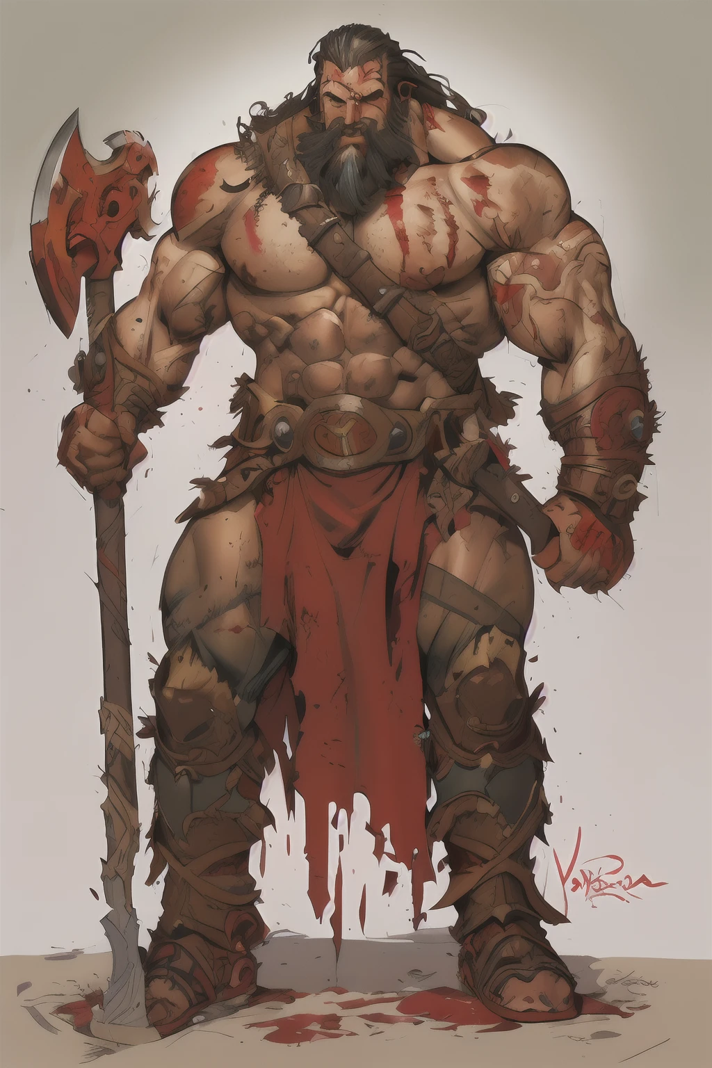 1 male berserker wearing metal shoulder armor, holding an axe, blood on his face, bald, braided beard, white background, ((((in style of joe madureira)))), concept art, ink line art, (((fullbody)))