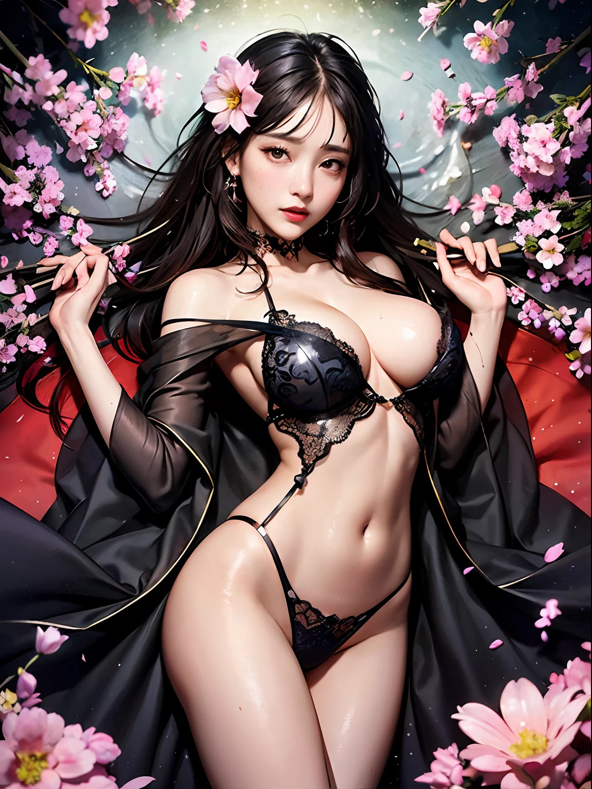 loose outfit、Show shoulders、dark colored kimono、How to wear a black gown、Decorated with intricate patterns and bright colors、Transparent material that makes the skin shine、Artistic depiction of seductive woman in gown with wet thin cloth and transparent skin, Floral and fantastic pattern with flowing silky traditional see-through skin。Her dress draped elegantly around her curvaceous figure、Emphasizes her charming silhouette。She's a gentle fireworks night、Dynamic Posing、Sexy Posing、bathed in the soft glow of moonlight。The scene is、With a hint of mystery and sensuality、It exudes an ethereal dreamy atmosphere。The image style is、It incorporates a blend of watercolor and digital illustration techniques.、It makes you feel delicate beauty and charm。Soft moonlit lighting、Cast gentle highlights and shadows on her mesmerizing features。Dynamic Posing、Bold poses、The hand is somewhere、see -through、show through、A sexy、Wet hair、Wet、（cherry trees、flower petals、cherryblossom、The cherry tree、Sakura Snowstorm 1.5）、buried、Transparent skin、Wet clothes、（Chest 1.2）、Navel Ejection、Swaying in the wind、Burgundy、pale red、（Slouch 1.5）、Lace color、lace choker、a choker、Lie on your back on the surface of the water、New lining、