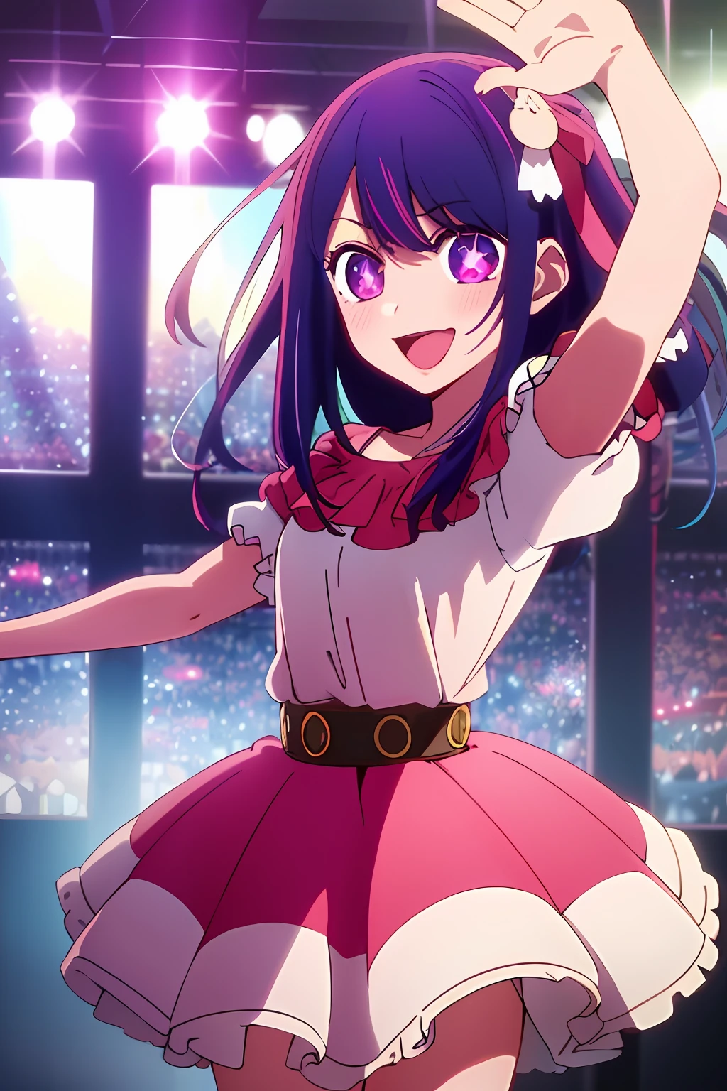 ​masterpiece、ighly detailed、(1 girl in:1.2)、purple color  hair、pink  dress、big eye、a closeup、A smile、8K、Ai Hoshino、Live performance venue、(((Hands up))),(Waving hands), [[Outstretched arms]], [outstretched hand],(((piece sign))),