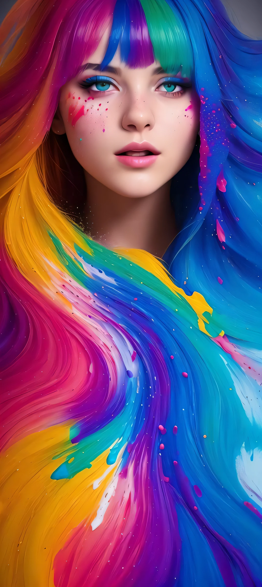 (level difference:1.8),(Paint colliding and splashing on the canvas),(depth of field),1girl's side face blends into it,((side face)),open mouth,(liquid paint rainbow hair:1.1) made of paint and defies gravity,thick flowing,(paint splatter:1.3),Liquid state,stunningly beautiful, masterpiece, detailed background,ultra high quality model, ethereal background,abstract beauty, explosive volumetric, oil painting,heavy strokes,Romantic lighting,Sub-Surface Scatterring,lens 135mm,f1.8,glow,8k,high resolution, dreamy,ray tracing,hdr,god rays,