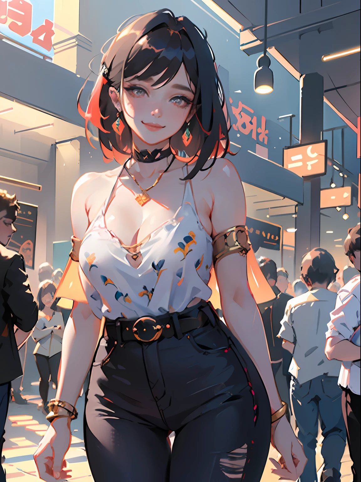 (masterpiece:1.2), (best quality:1.2), perfect eyes, perfect face, perfect lighting, 1boy, mature female, smiling, long red hair, straight hair, sophisticated haircut, stylish, single bare shoulder shirt long, music band print, jewelry, necklace, earrings, armlets, lacey choker, belt, low cut black jeans, thick eyelashes, makeup, eyeshadow, detailed mall background, crowd