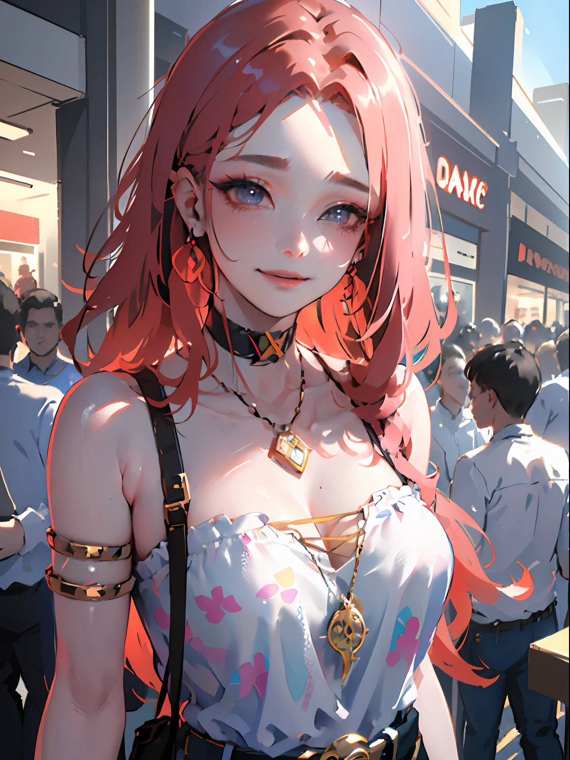 (masterpiece:1.2), (best quality:1.2), perfect eyes, perfect face, perfect lighting, 1boy, mature female, smiling, long red hair, straight hair, sophisticated haircut, stylish, single bare shoulder shirt long, music band print, jewelry, necklace, earrings, armlets, lacey choker, belt, low cut black jeans, thick eyelashes, makeup, eyeshadow, detailed mall background, crowd