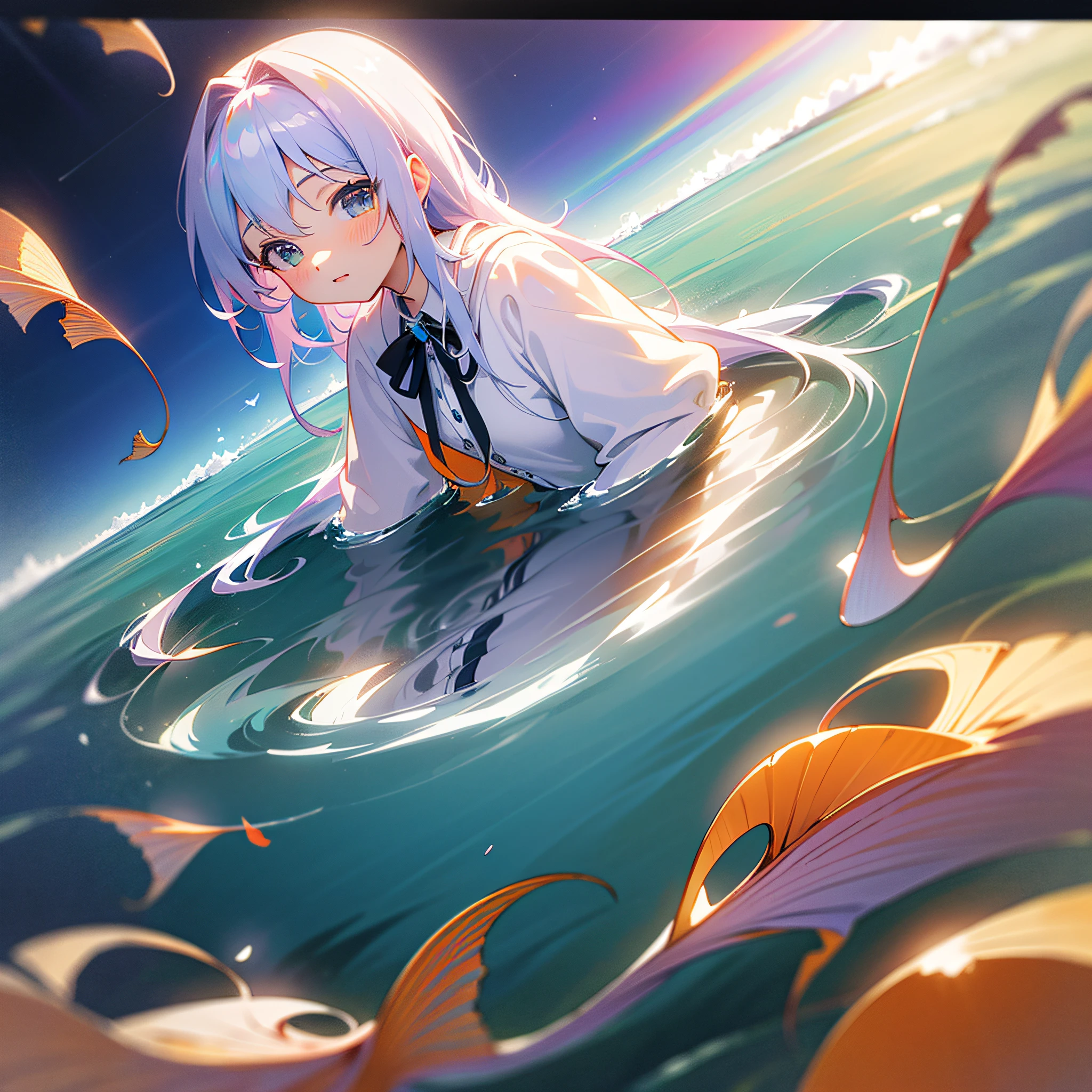 ((High quality)), ((Masterpiece)), 8K, mermaids,Colored ribbons，, Light rays, Extremely detailed Cg Unity 8K wallpaper, Game CG, view the viewer, fish flocks，the ocean，magia，long whitr hair，vortex