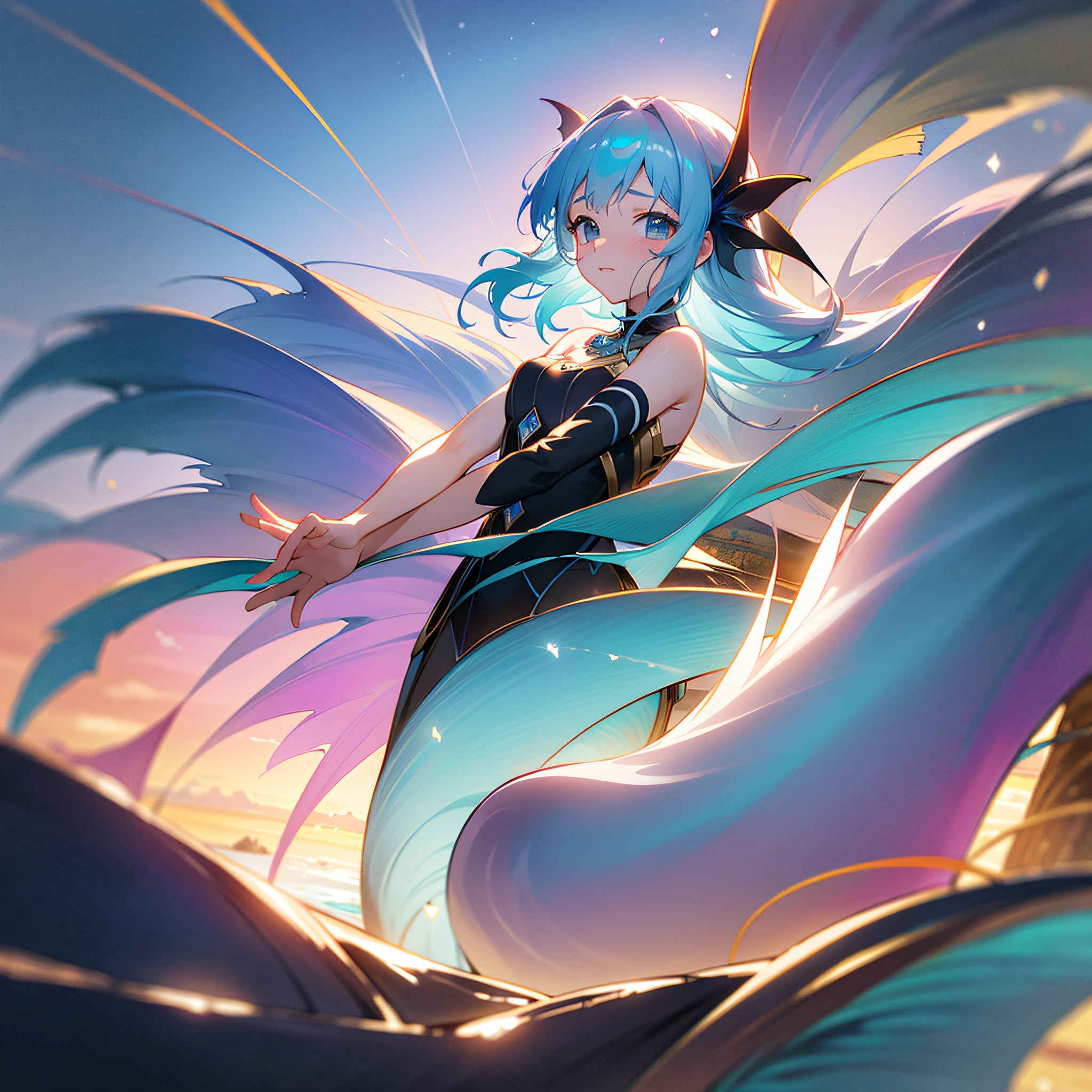 ((High quality)), ((Masterpiece)), 8K, mermaids,Colored ribbons，, Light rays, Extremely detailed Cg Unity 8K wallpaper, Game CG, view the viewer, fish flocks，the ocean，magia，long whitr hair，vortex