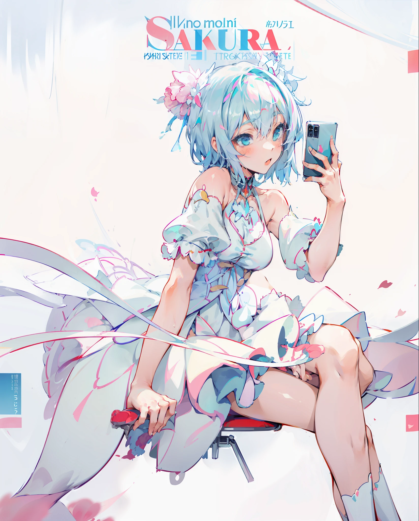 Anime girl in white dress sitting in chair holding cell phone, at pixiv, Pisif, Highest rated on Pisif, Popular on Pixiv, Pisif 3DCG, Popular on Pisif, Pisif style, Digital art on Pisif , Pisif Contest Champion, zerochan art, zerochan, trending on artstation pixiv